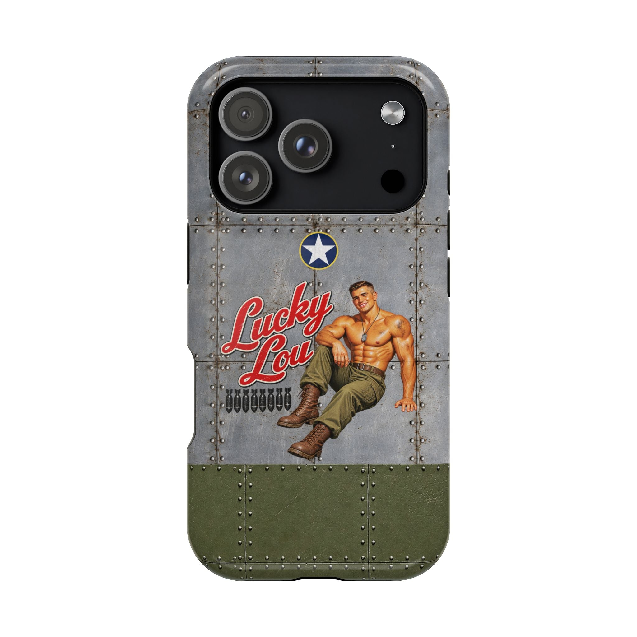 WWII Beefcake Phone Case, Lucky Lou Male Pinup Nose Art, MagSafe Dual Layer Case for iPhone & Samsung Galaxy, Vintage Military Art