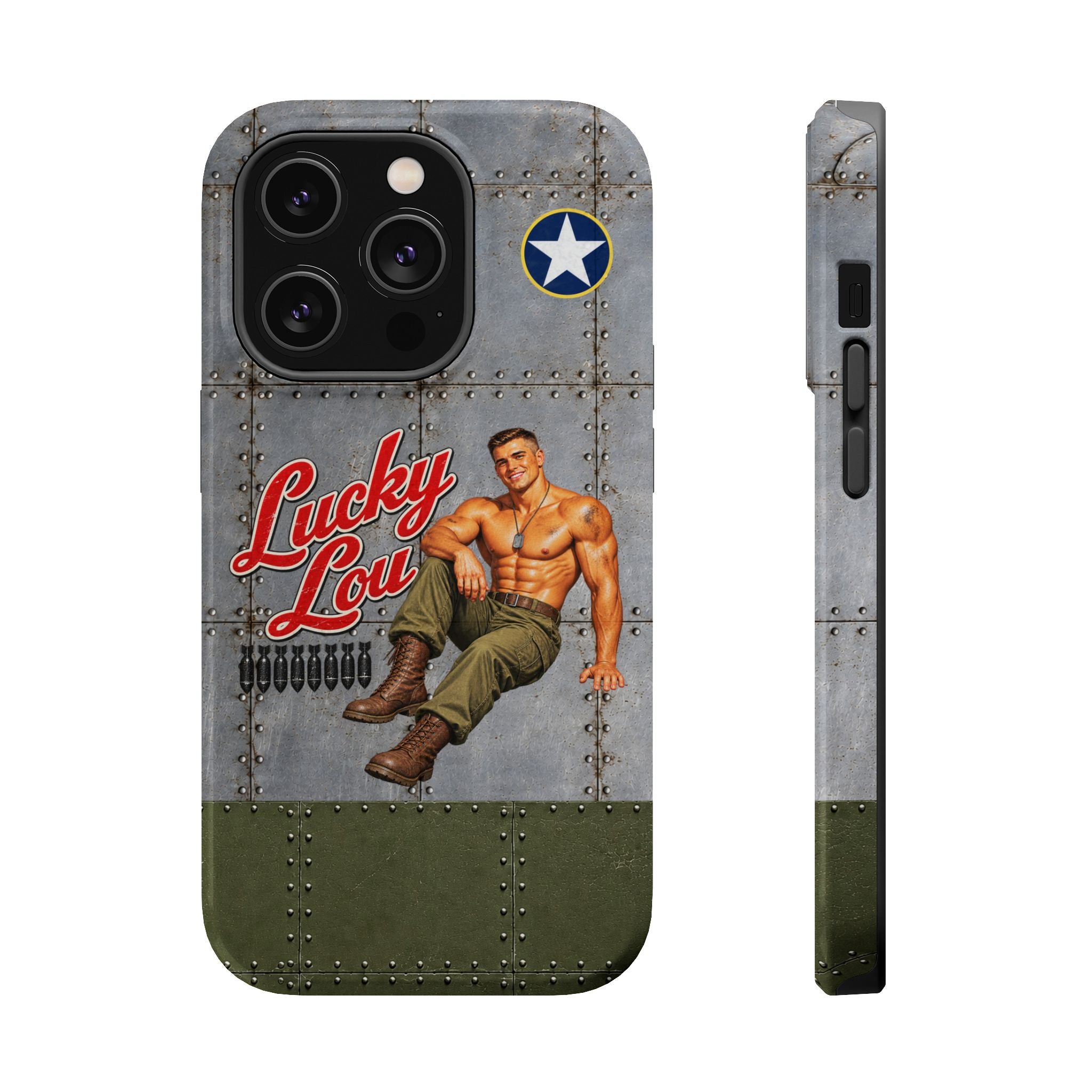 WWII Beefcake Phone Case, Lucky Lou Male Pinup Nose Art, MagSafe Dual Layer Case for iPhone & Samsung Galaxy, Vintage Military Art