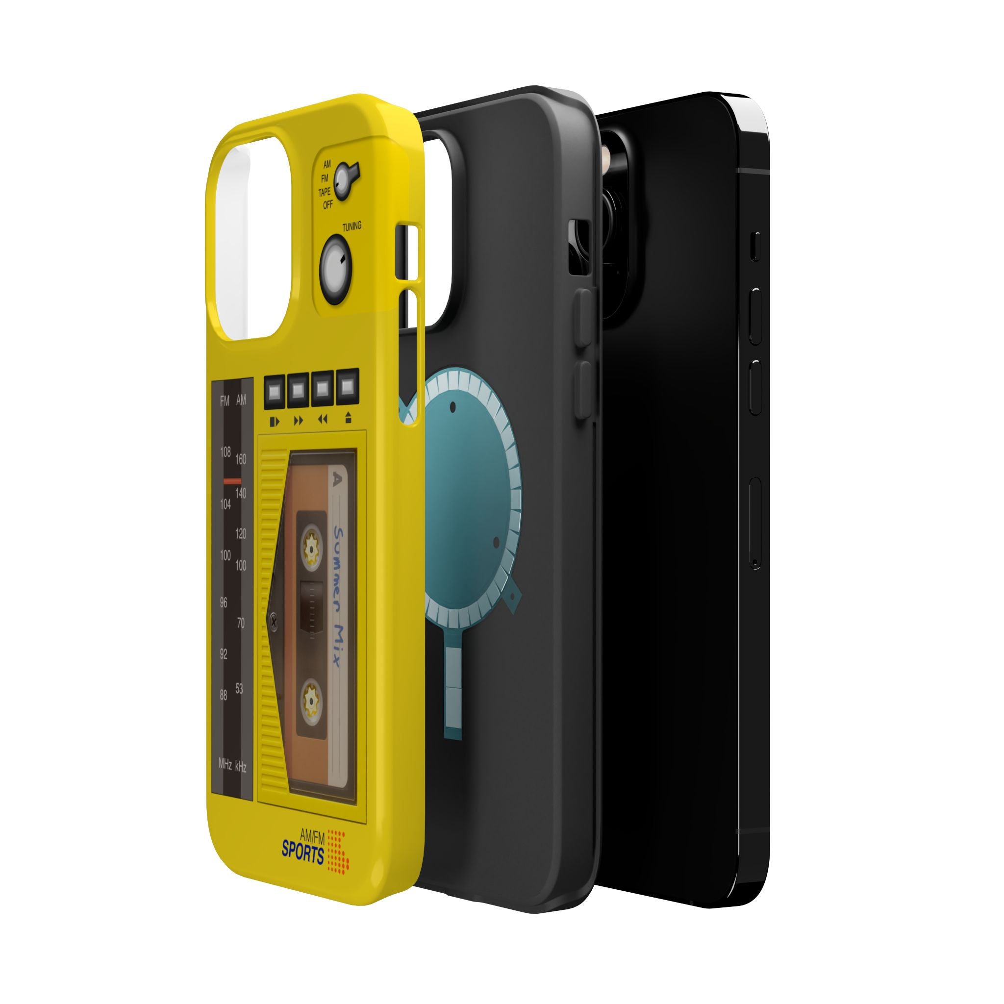 Retro Cassette AM FM Radio iPhone Case, Vintage Walkman Style Phone Case, MagSafe Dual Layer Protective Case Sport Yellow