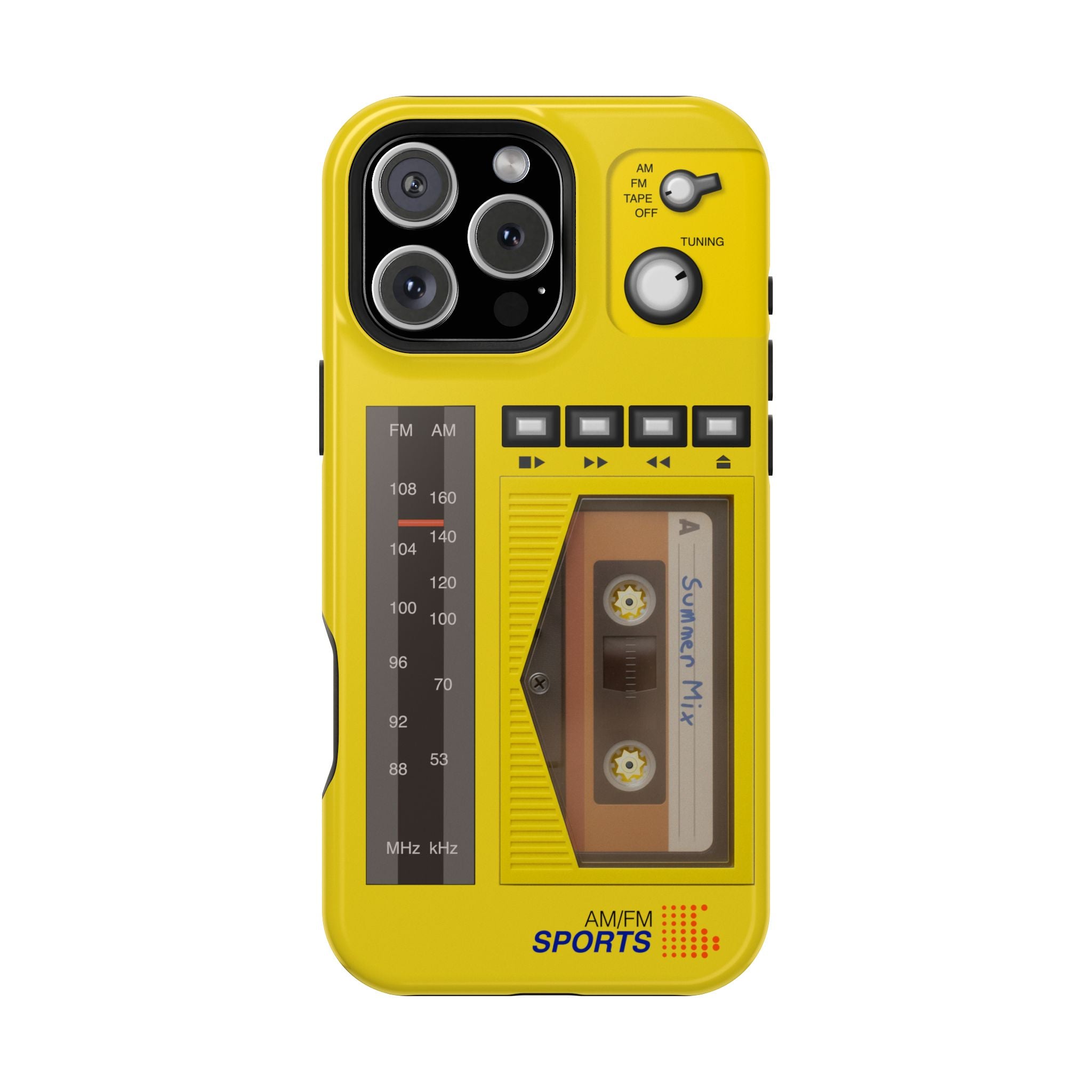 Retro Cassette AM FM Radio iPhone Case, Vintage Walkman Style Phone Case, MagSafe Dual Layer Protective Case Sport Yellow