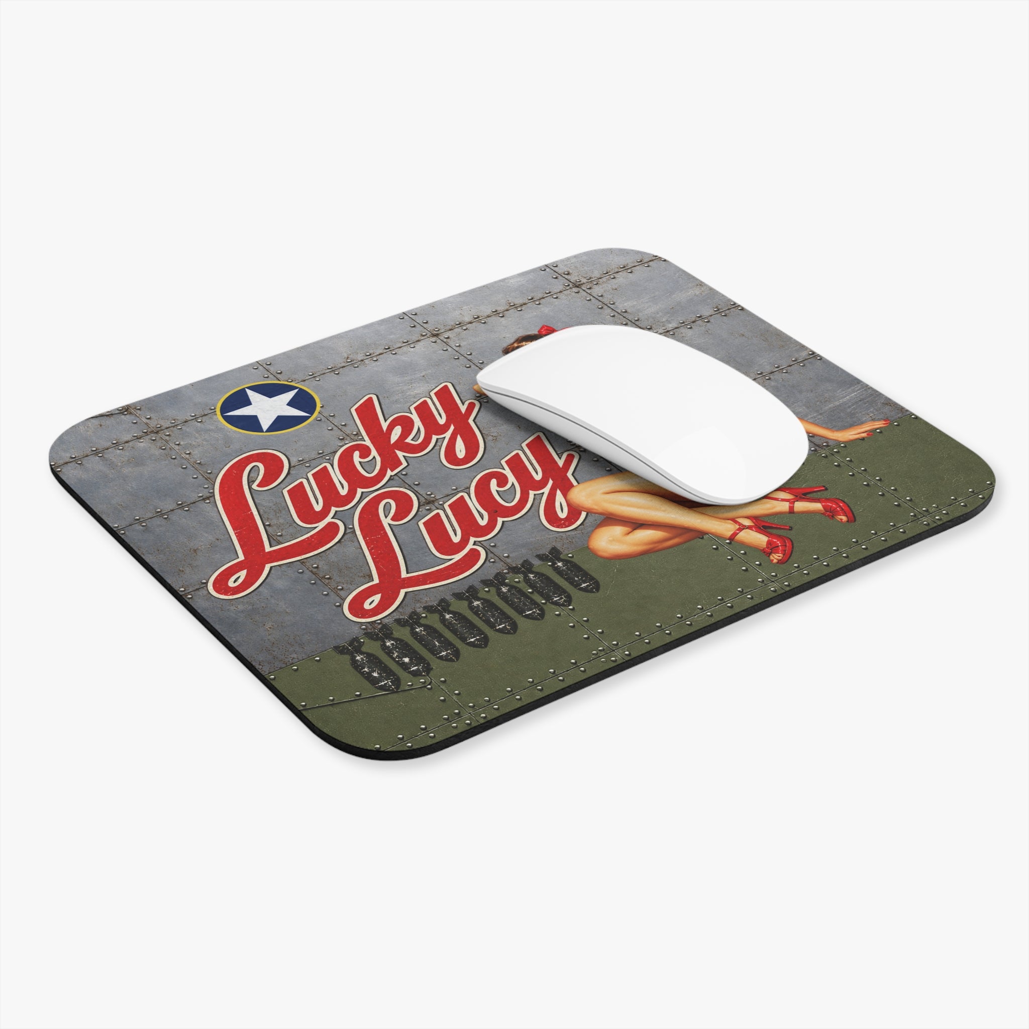 Lucky Lucy WWII Pinup Mouse Pad, Vintage Nose Art, Retro Bombshell Aviation Desk Mat, Warbird Gift, 9x8 Inch