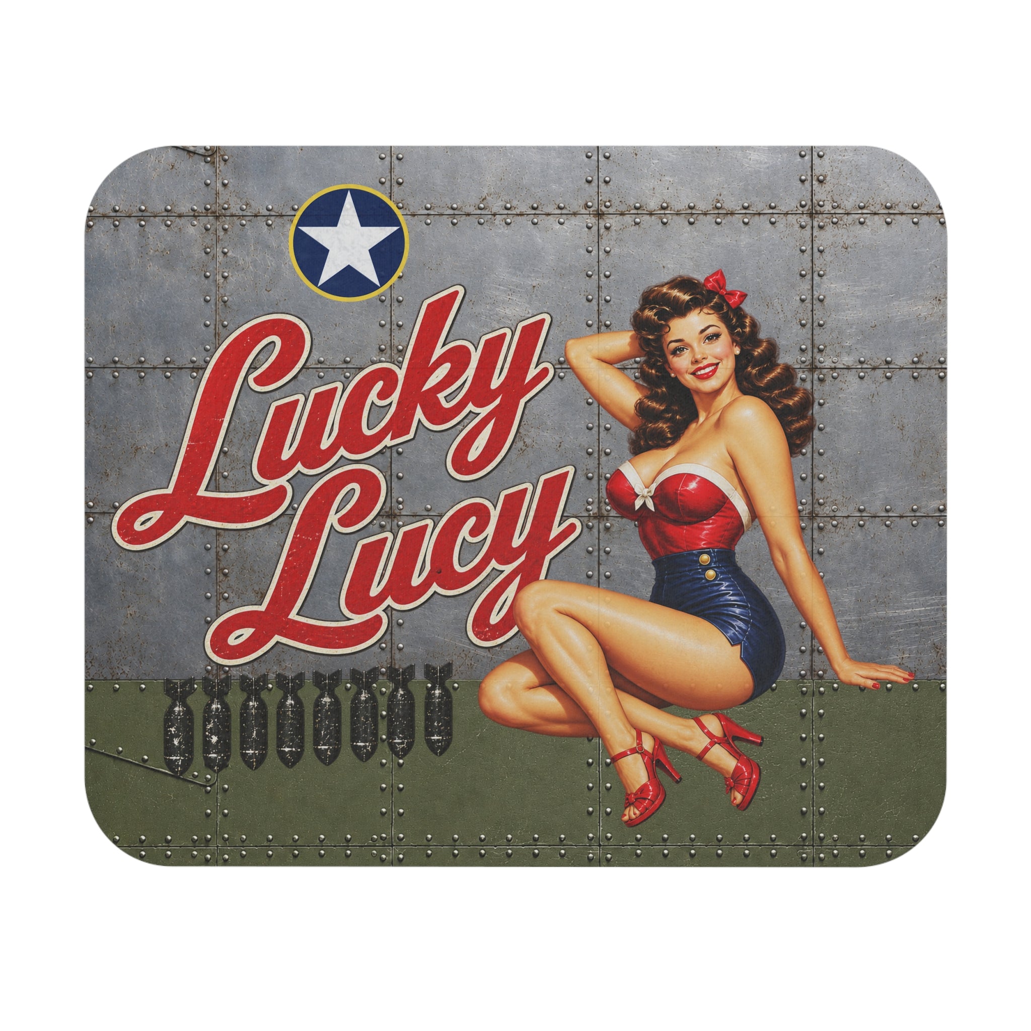 Lucky Lucy WWII Pinup Mouse Pad, Vintage Nose Art, Retro Bombshell Aviation Desk Mat, Warbird Gift, 9x8 Inch