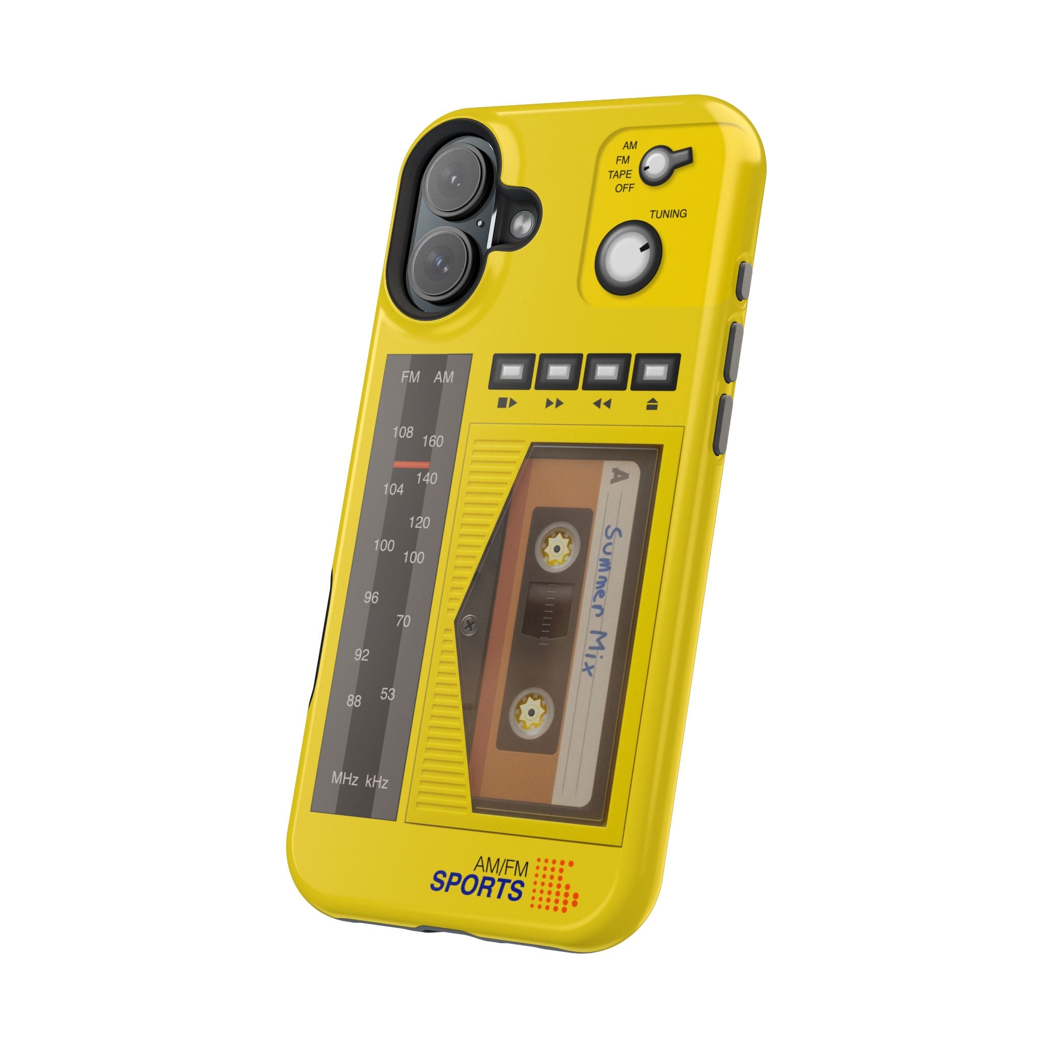 Retro Cassette AM FM Radio iPhone Case, Vintage Walkman Style Phone Case, MagSafe Dual Layer Protective Case Sport Yellow
