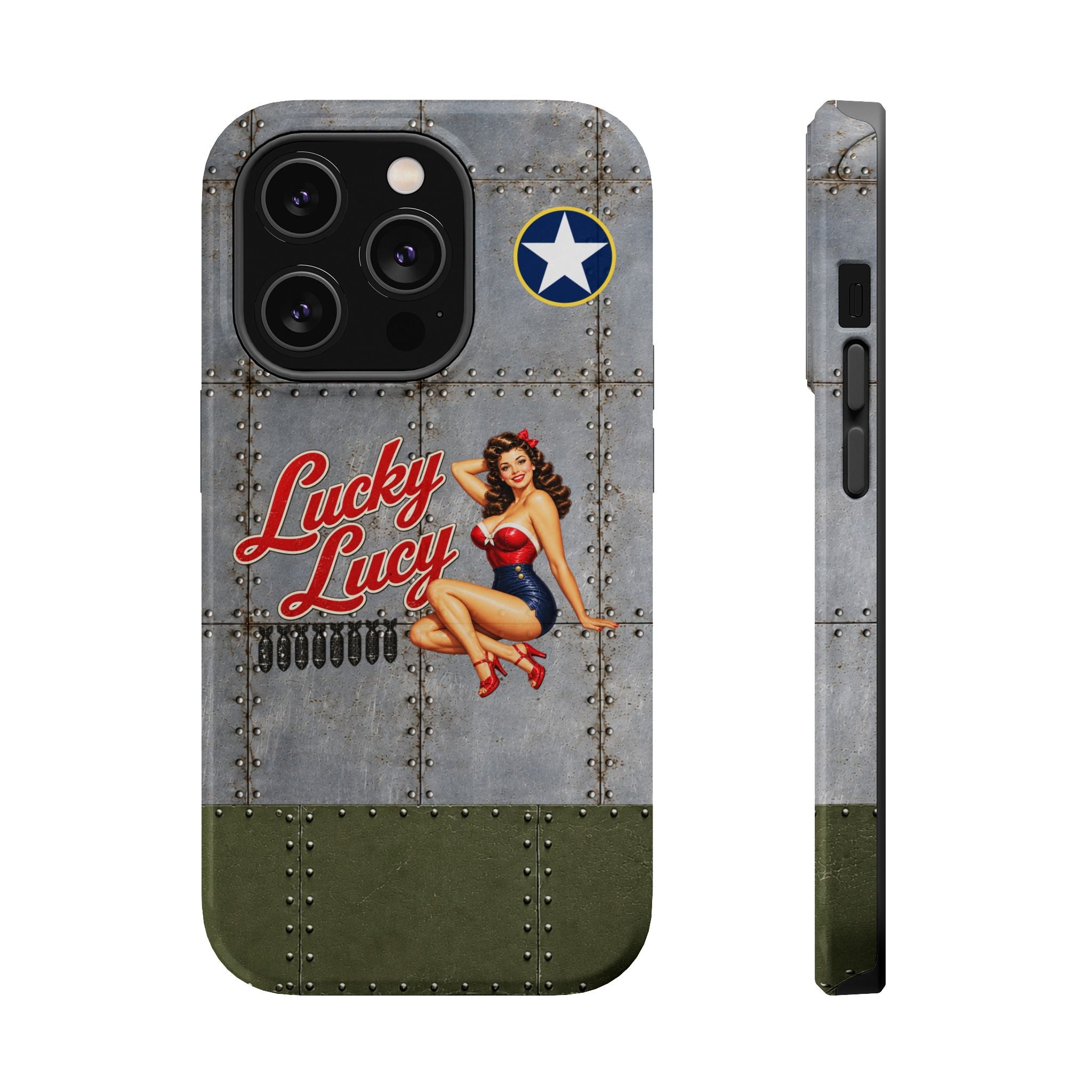 WWII Pinup Phone Case, Lucky Lucy Nose Art, MagSafe Dual Layer Case for iPhone & Samsung Galaxy, Vintage Aircraft Art