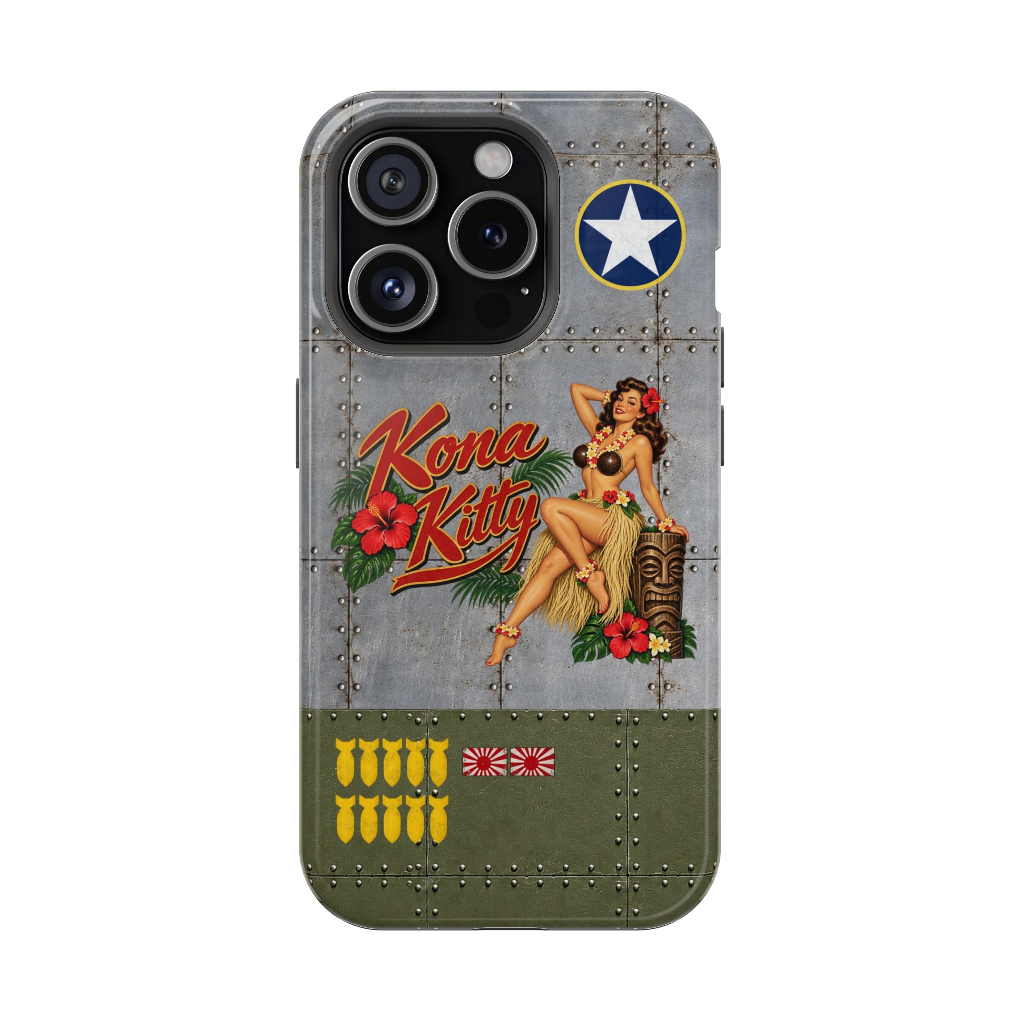 WWII Pinup Nose Art Phone Case, Kona Kitty Airplane Art, MagSafe Dual Layer Case for iPhone & Samsung Galaxy, Vintage Military Art
