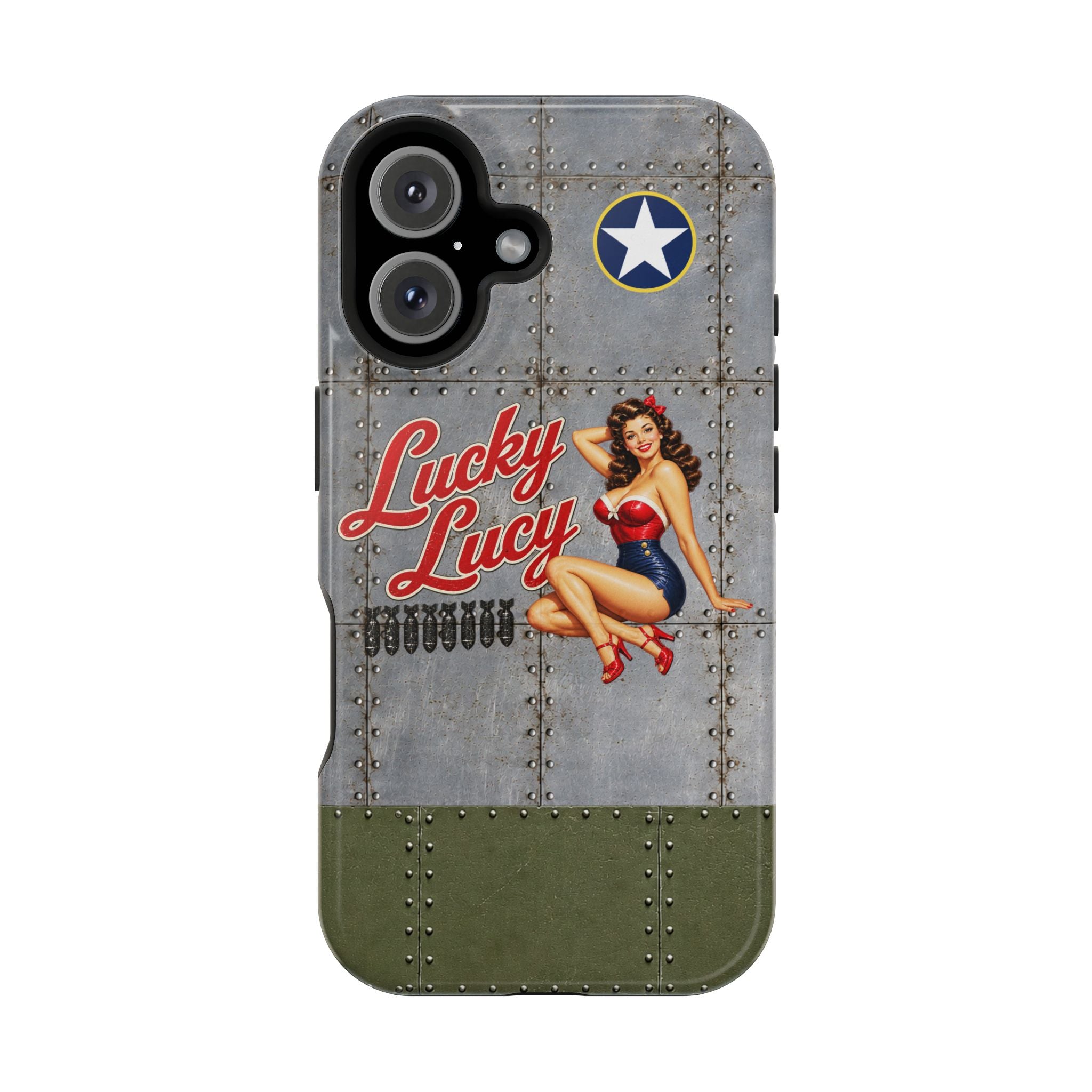 WWII Pinup Phone Case, Lucky Lucy Nose Art, MagSafe Dual Layer Case for iPhone & Samsung Galaxy, Vintage Aircraft Art