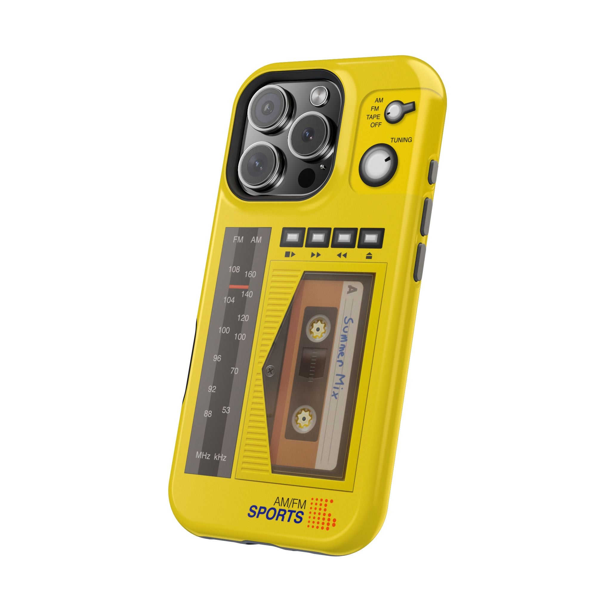 Retro Cassette AM FM Radio iPhone Case, Vintage Walkman Style Phone Case, MagSafe Dual Layer Protective Case Sport Yellow