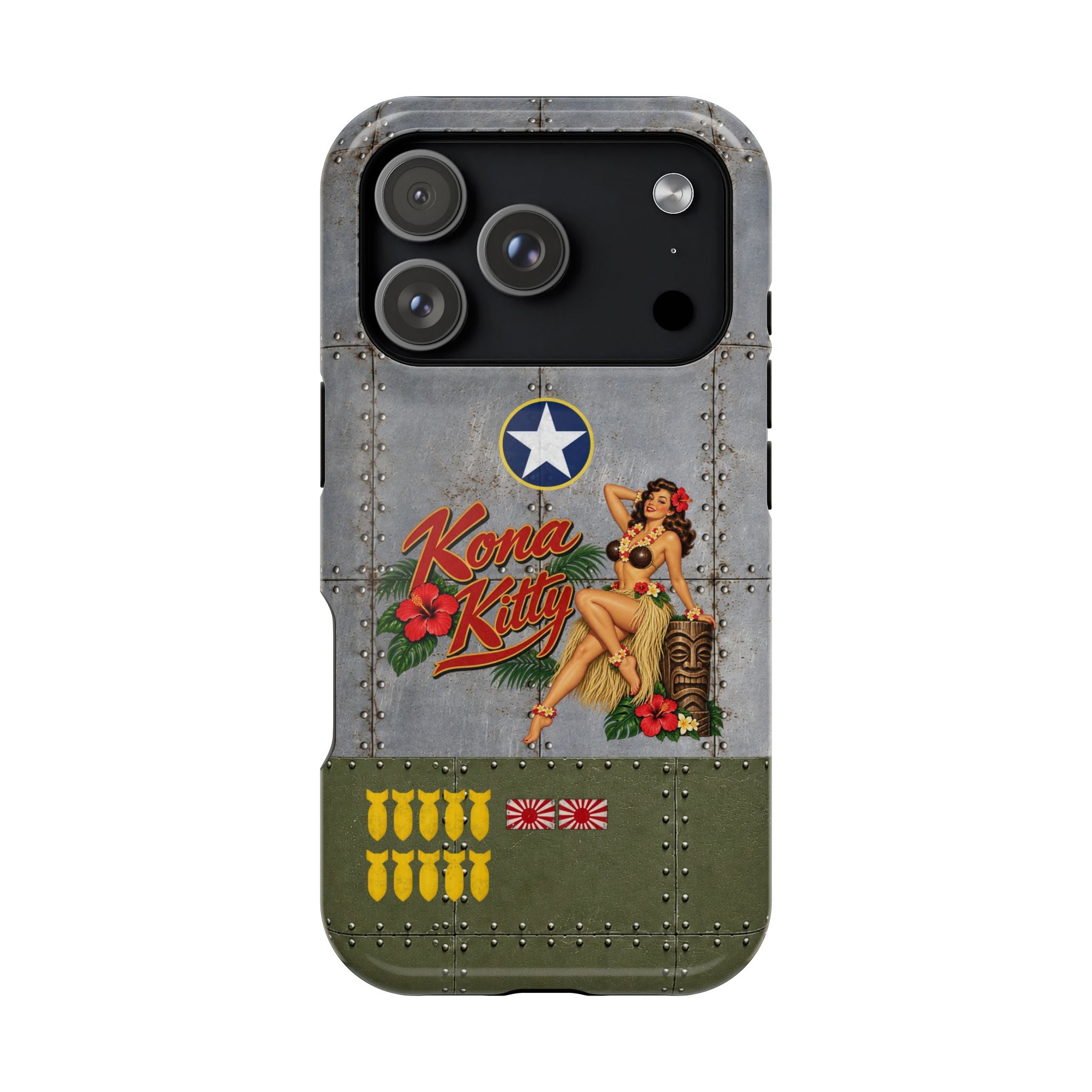 WWII Pinup Nose Art Phone Case, Kona Kitty Airplane Art, MagSafe Dual Layer Case for iPhone & Samsung Galaxy, Vintage Military Art