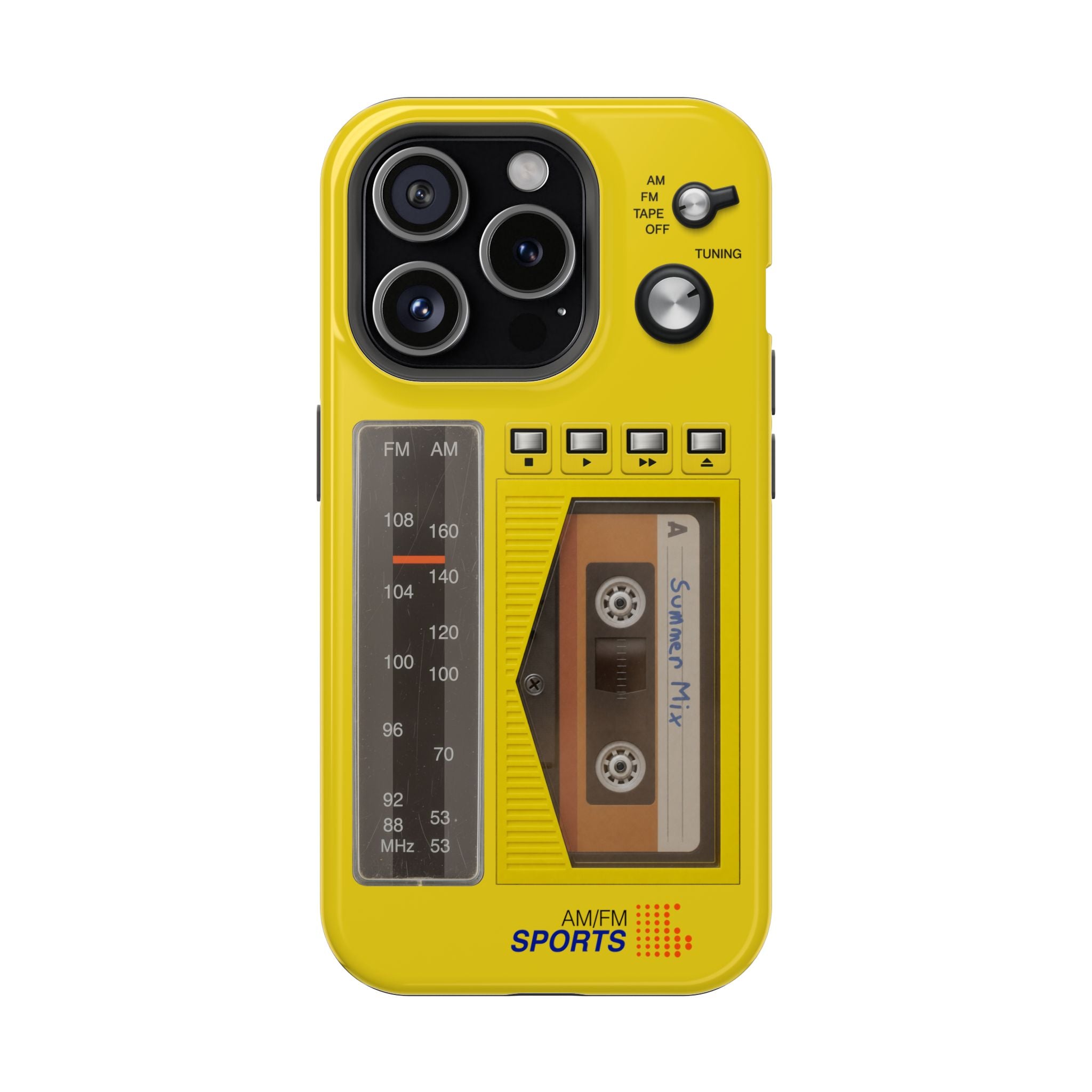 Retro Cassette AM FM Radio iPhone Case, Vintage Walkman Style Phone Case, MagSafe Dual Layer Protective Case Sport Yellow