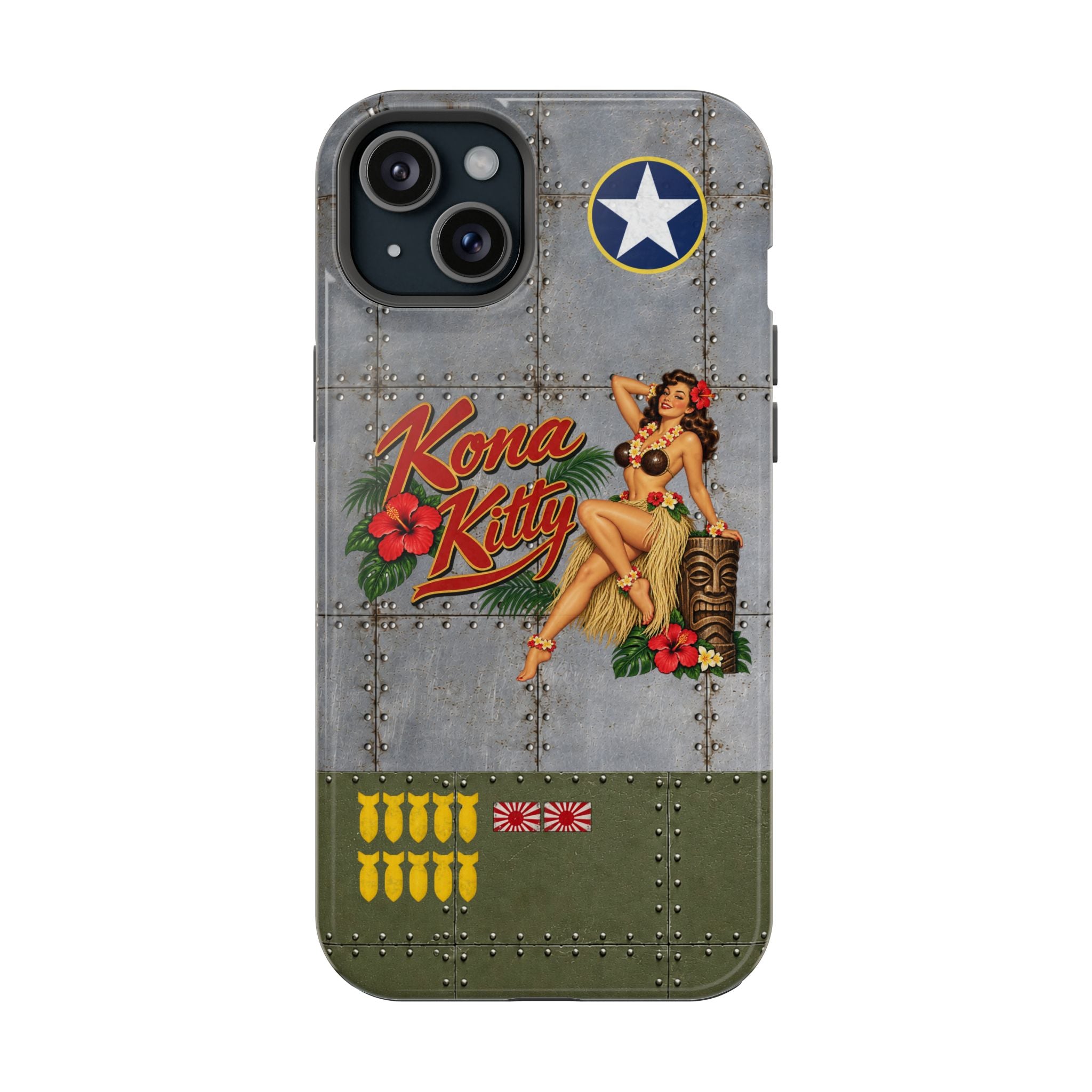 WWII Pinup Nose Art Phone Case, Kona Kitty Airplane Art, MagSafe Dual Layer Case for iPhone & Samsung Galaxy, Vintage Military Art