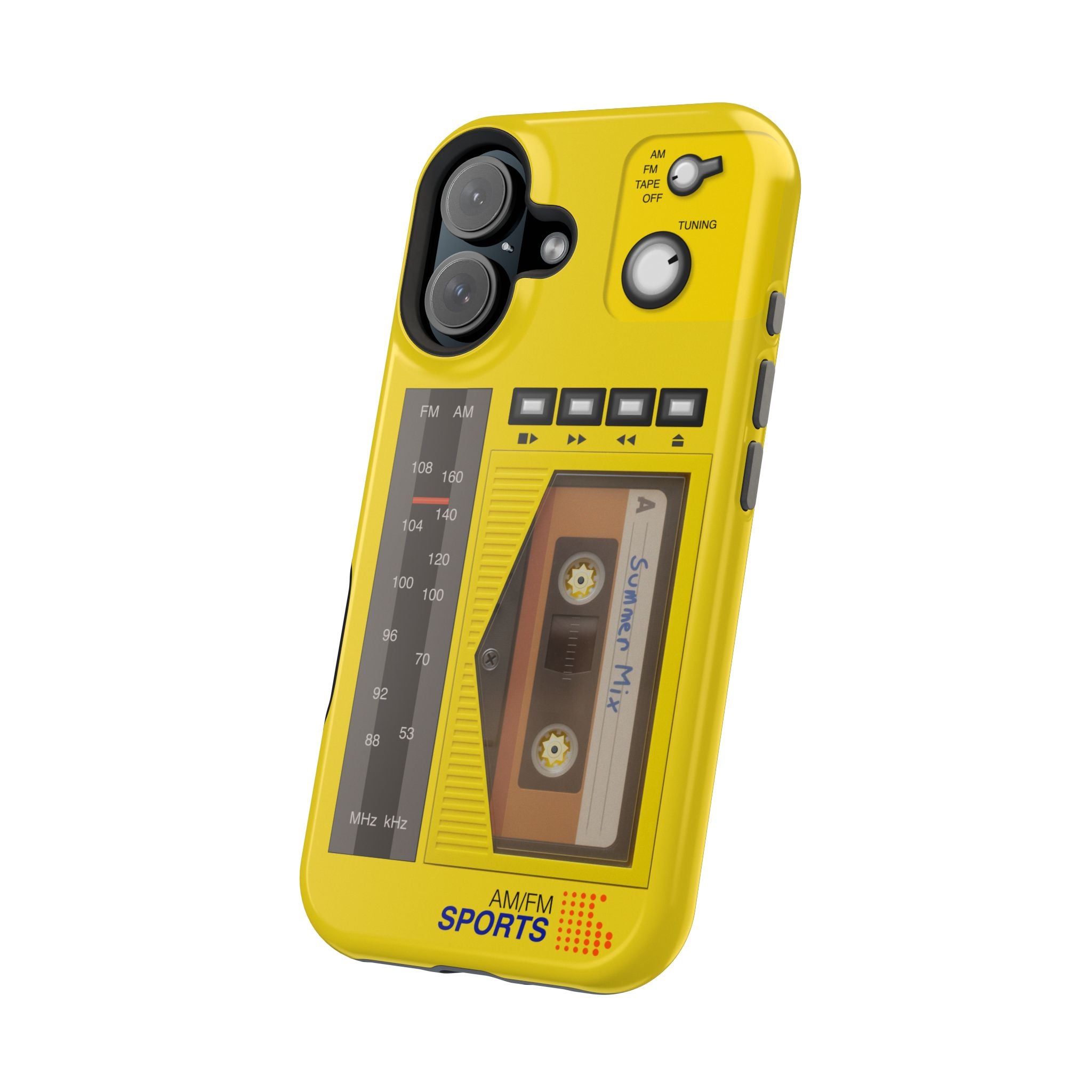 Retro Cassette AM FM Radio iPhone Case, Vintage Walkman Style Phone Case, MagSafe Dual Layer Protective Case Sport Yellow