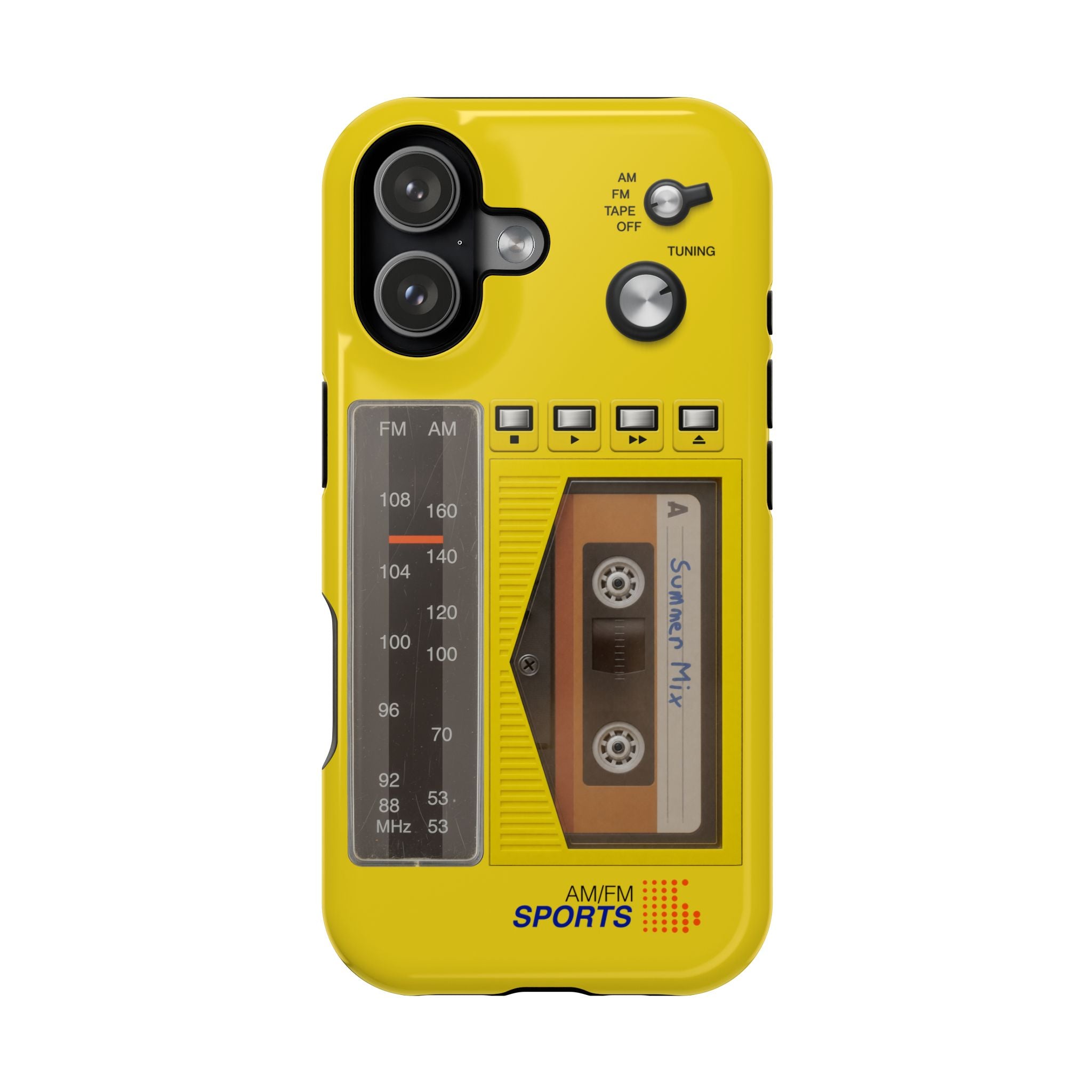 Retro Cassette AM FM Radio iPhone Case, Vintage Walkman Style Phone Case, MagSafe Dual Layer Protective Case Sport Yellow
