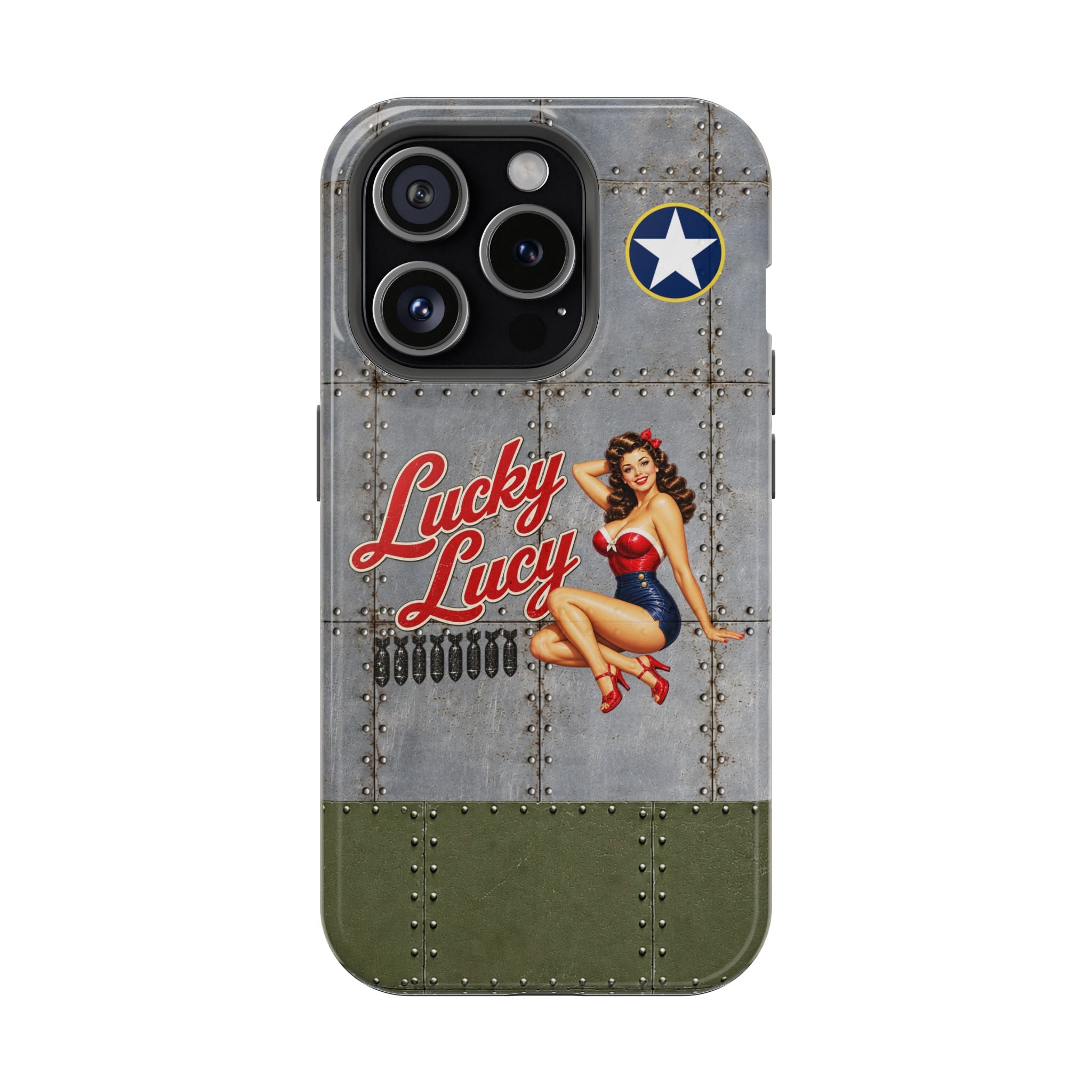 WWII Pinup Phone Case, Lucky Lucy Nose Art, MagSafe Dual Layer Case for iPhone & Samsung Galaxy, Vintage Aircraft Art
