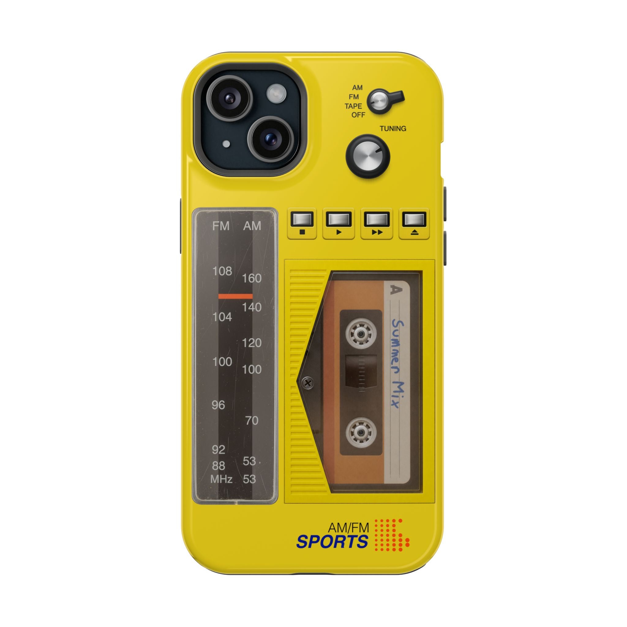 Retro Cassette AM FM Radio iPhone Case, Vintage Walkman Style Phone Case, MagSafe Dual Layer Protective Case Sport Yellow