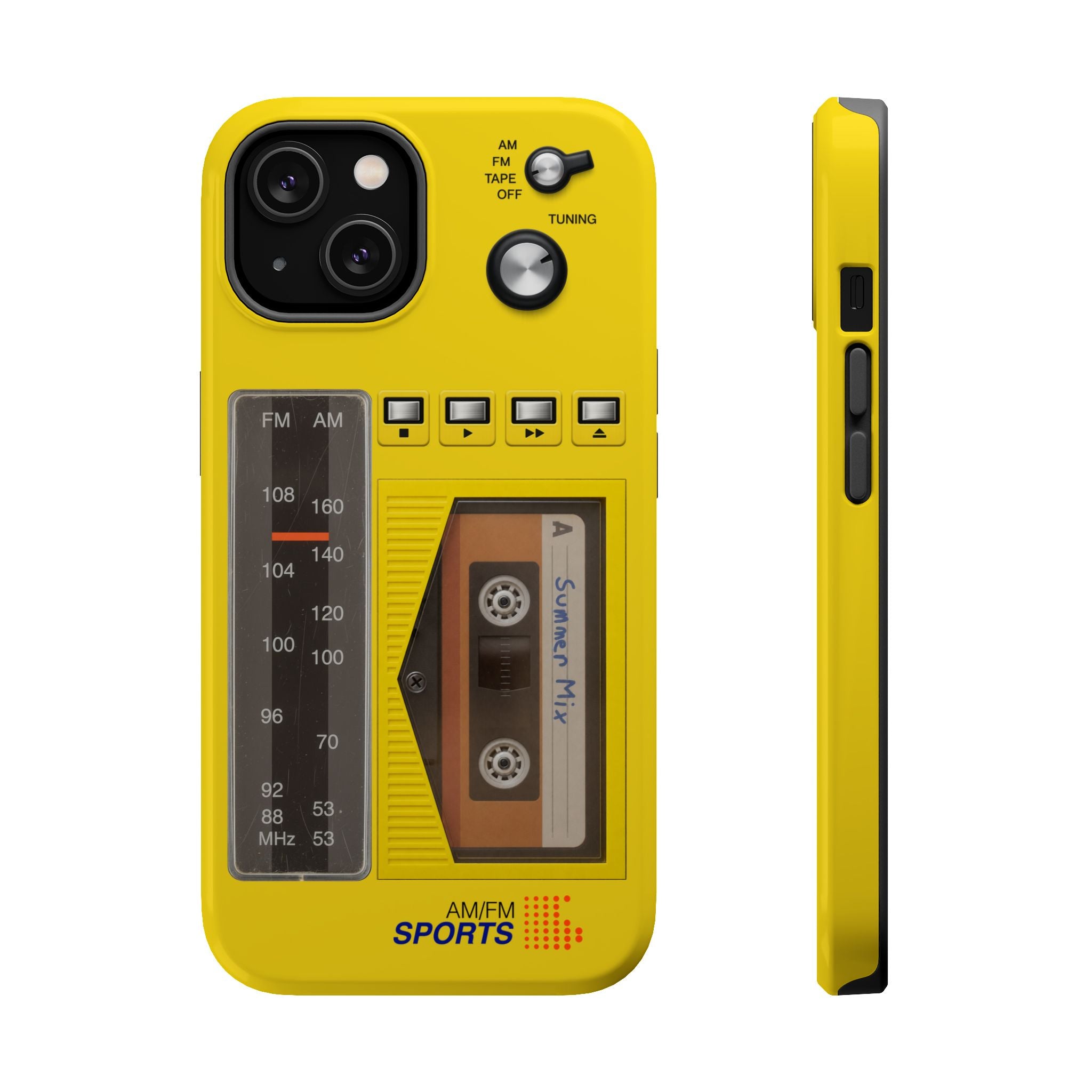 Retro Cassette AM FM Radio iPhone Case, Vintage Walkman Style Phone Case, MagSafe Dual Layer Protective Case Sport Yellow