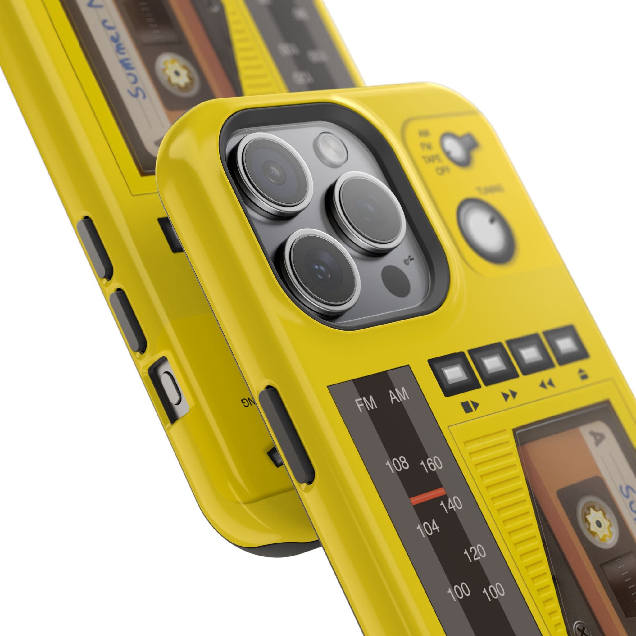 Retro Cassette AM FM Radio iPhone Case, Vintage Walkman Style Phone Case, MagSafe Dual Layer Protective Case Sport Yellow