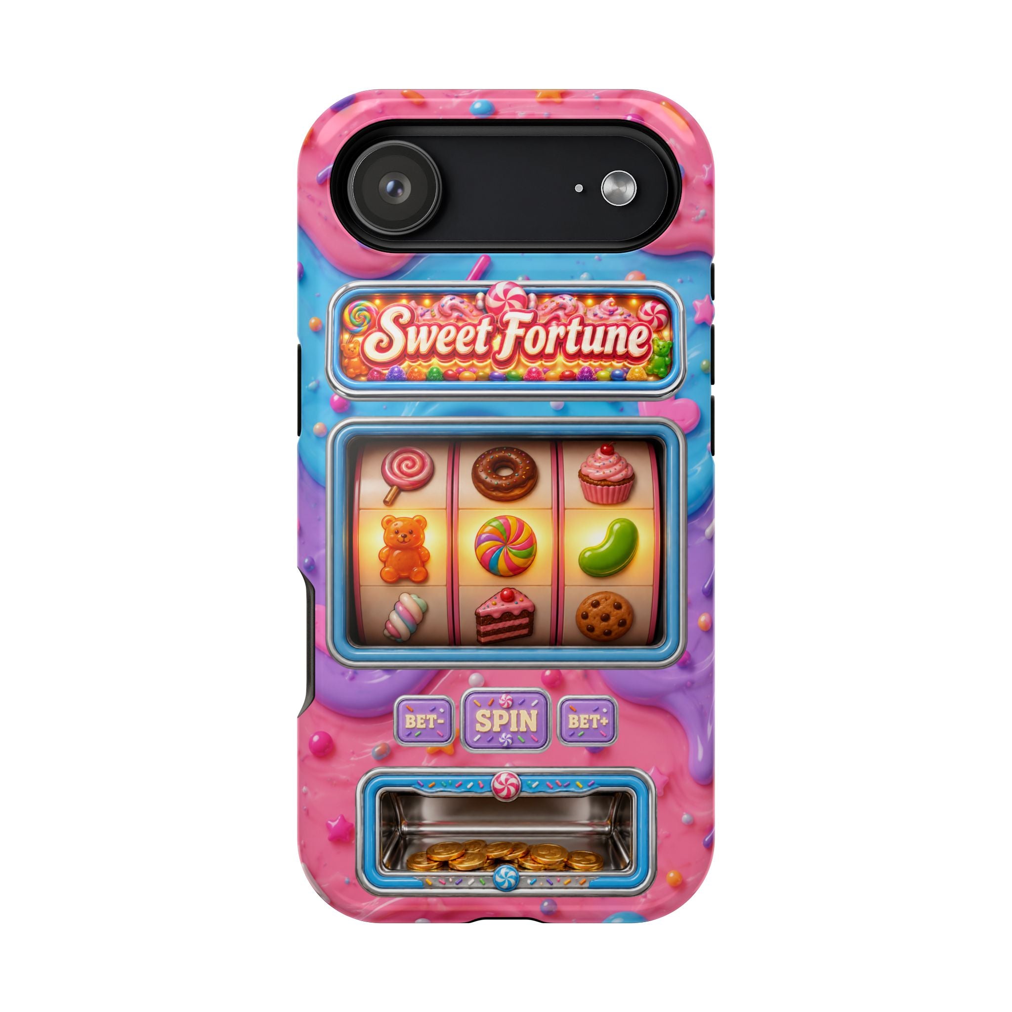 Candy Slot Machine iPhone Case, Sweet Fortune Casino Phone Cover, Colorful Candy Game Inspired MagSafe Compatible with Duel Layer Protection