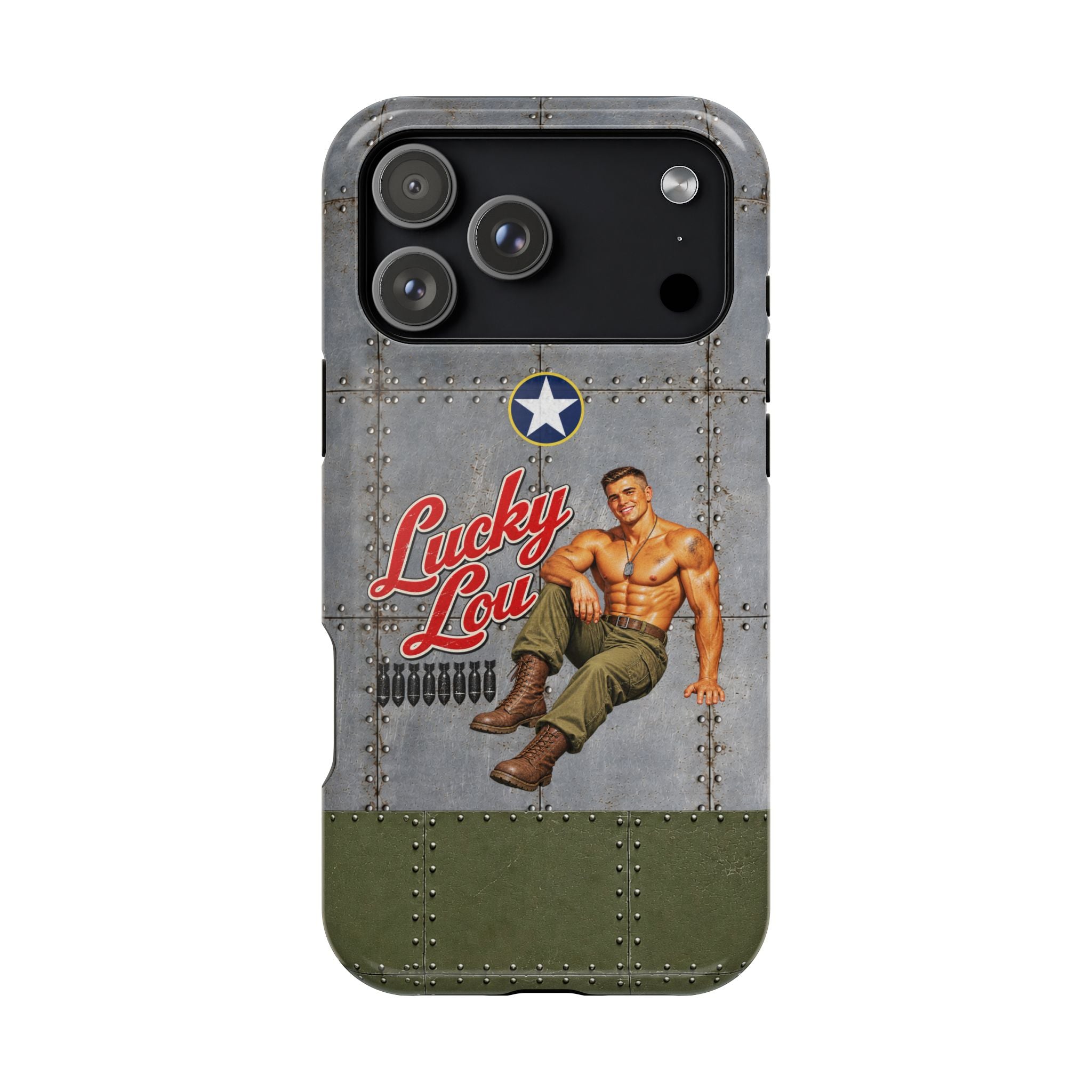 WWII Beefcake Phone Case, Lucky Lou Male Pinup Nose Art, MagSafe Dual Layer Case for iPhone & Samsung Galaxy, Vintage Military Art
