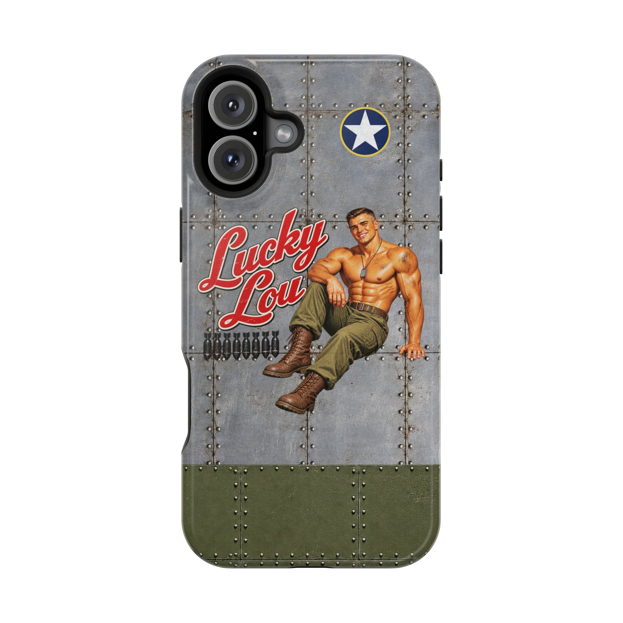 WWII Beefcake Phone Case, Lucky Lou Male Pinup Nose Art, MagSafe Dual Layer Case for iPhone & Samsung Galaxy, Vintage Military Art