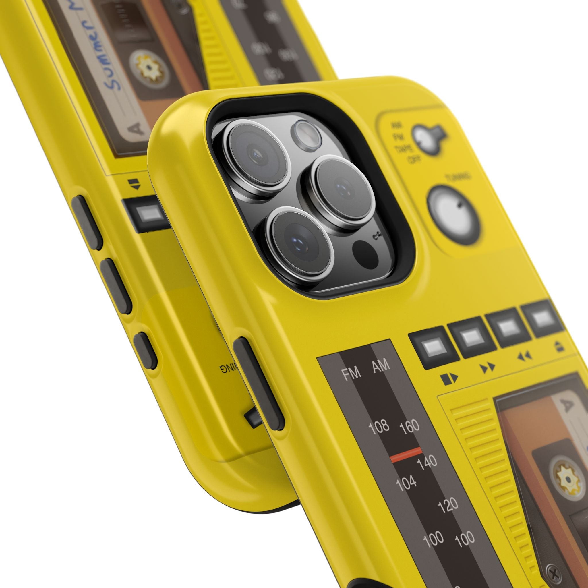 Retro Cassette AM FM Radio iPhone Case, Vintage Walkman Style Phone Case, MagSafe Dual Layer Protective Case Sport Yellow