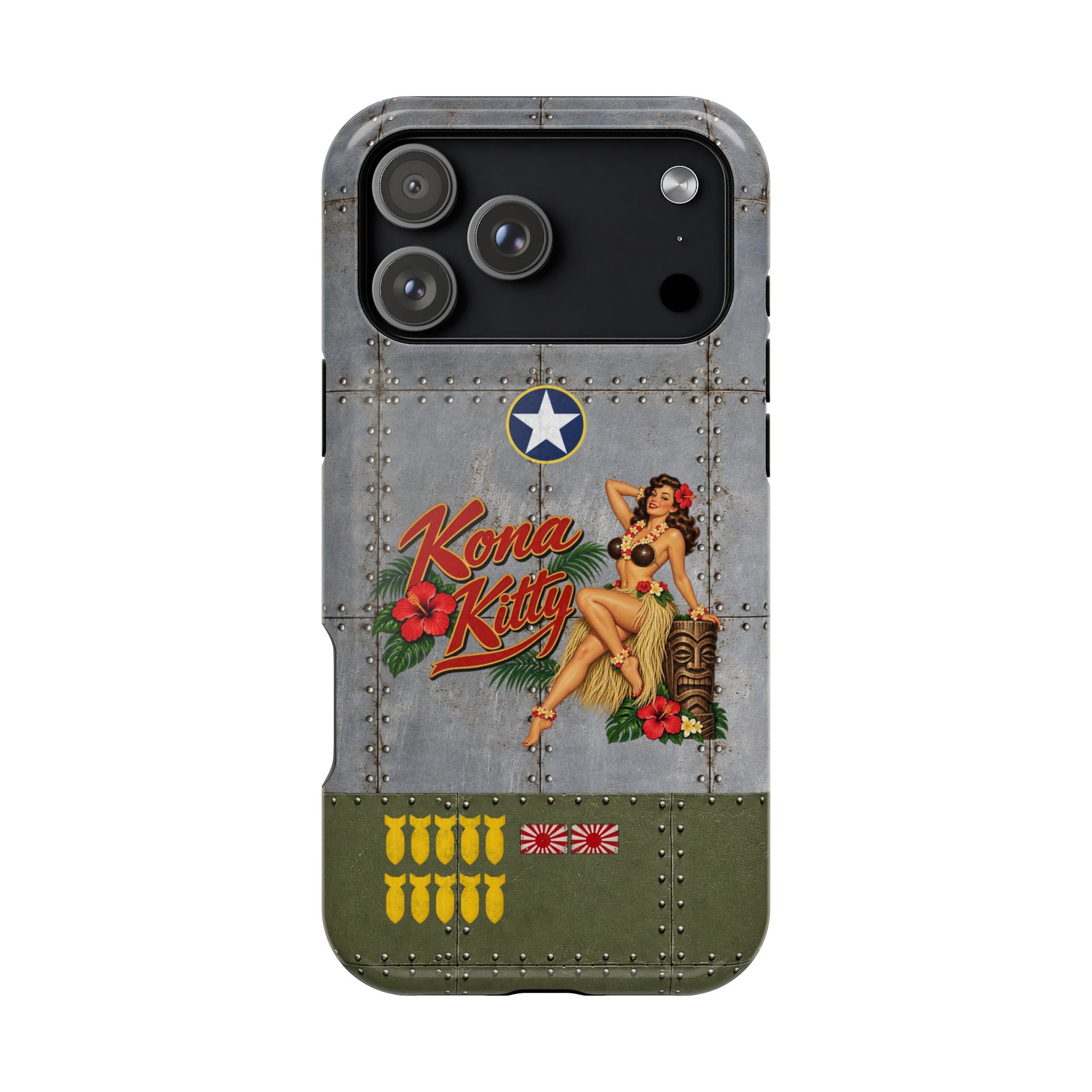 WWII Pinup Nose Art Phone Case, Kona Kitty Airplane Art, MagSafe Dual Layer Case for iPhone & Samsung Galaxy, Vintage Military Art