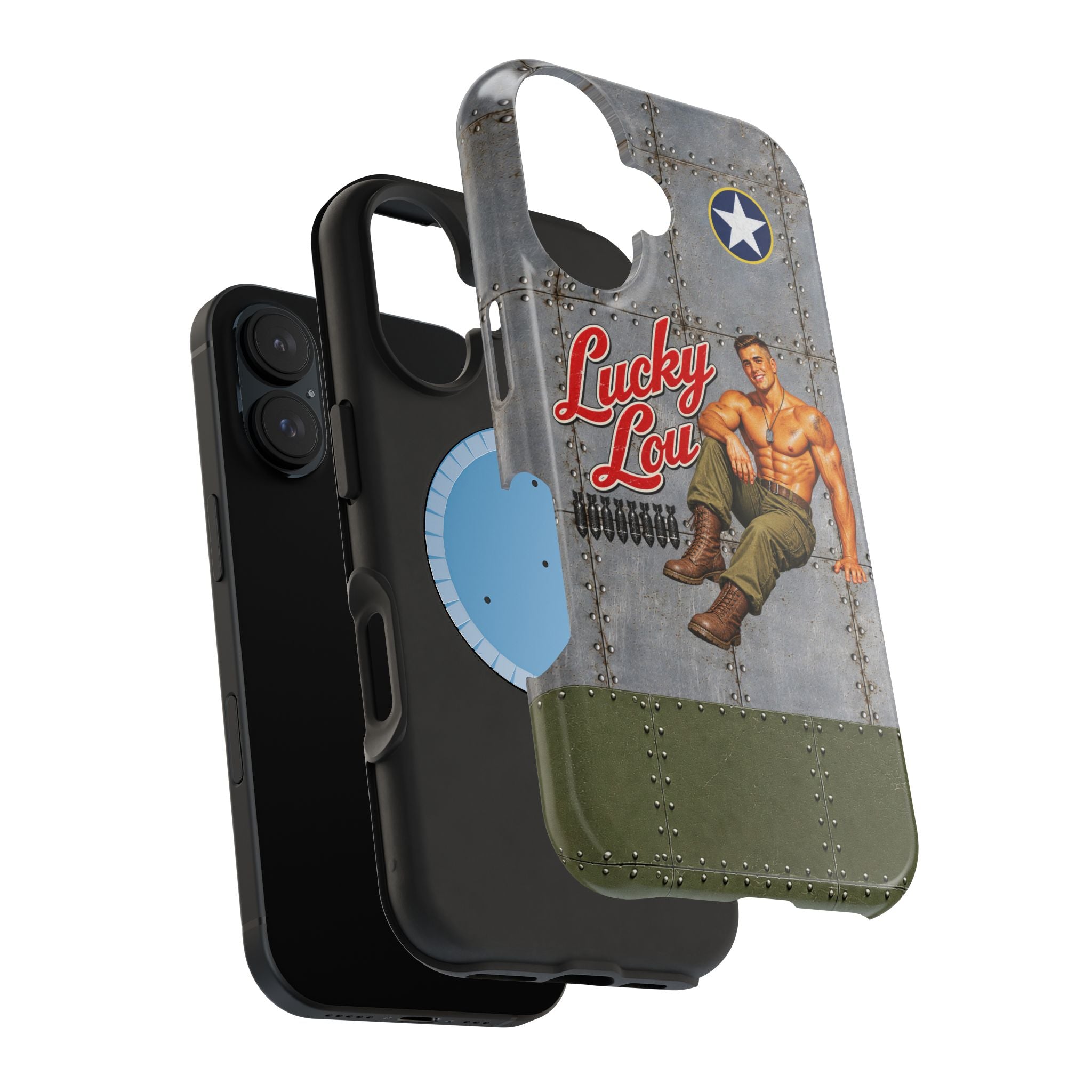 WWII Beefcake Phone Case, Lucky Lou Male Pinup Nose Art, MagSafe Dual Layer Case for iPhone & Samsung Galaxy, Vintage Military Art