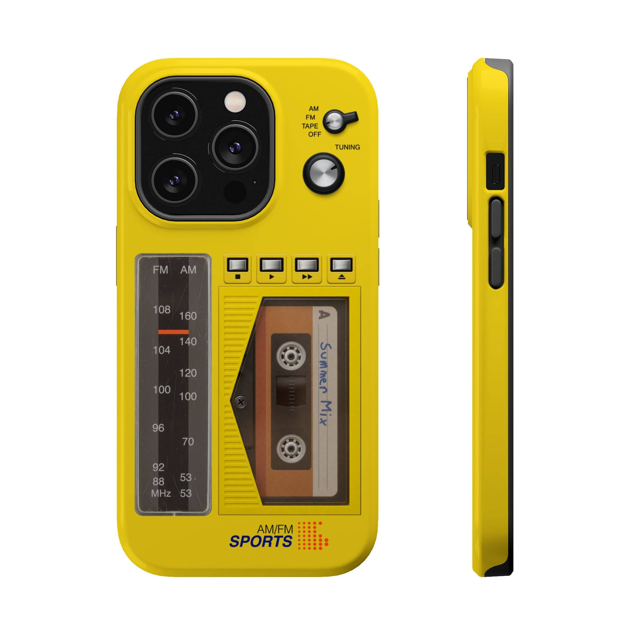 Retro Cassette AM FM Radio iPhone Case, Vintage Walkman Style Phone Case, MagSafe Dual Layer Protective Case Sport Yellow