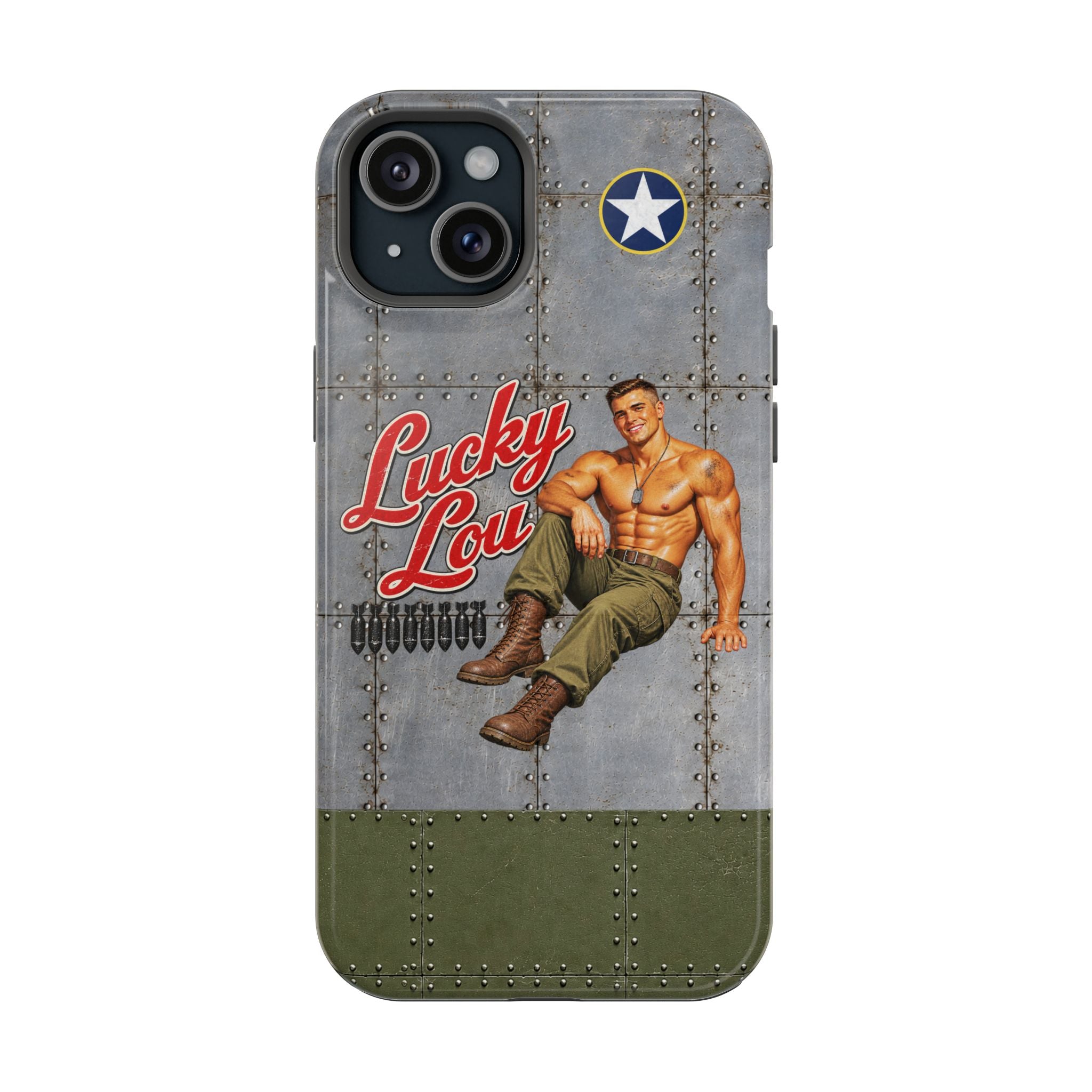 WWII Beefcake Phone Case, Lucky Lou Male Pinup Nose Art, MagSafe Dual Layer Case for iPhone & Samsung Galaxy, Vintage Military Art