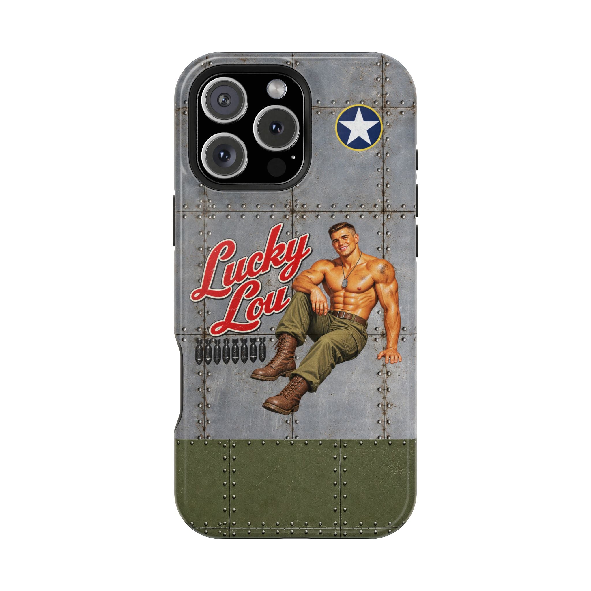 WWII Beefcake Phone Case, Lucky Lou Male Pinup Nose Art, MagSafe Dual Layer Case for iPhone & Samsung Galaxy, Vintage Military Art