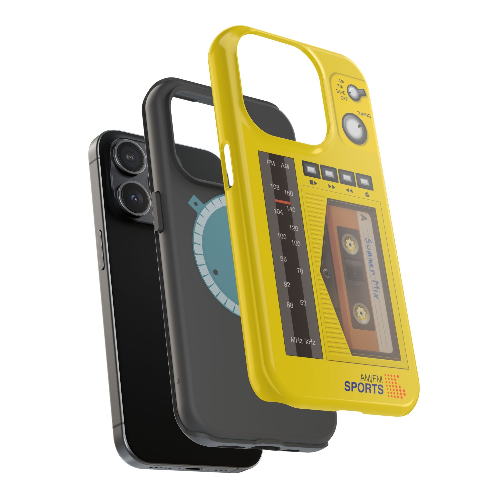 Retro Cassette AM FM Radio iPhone Case, Vintage Walkman Style Phone Case, MagSafe Dual Layer Protective Case Sport Yellow