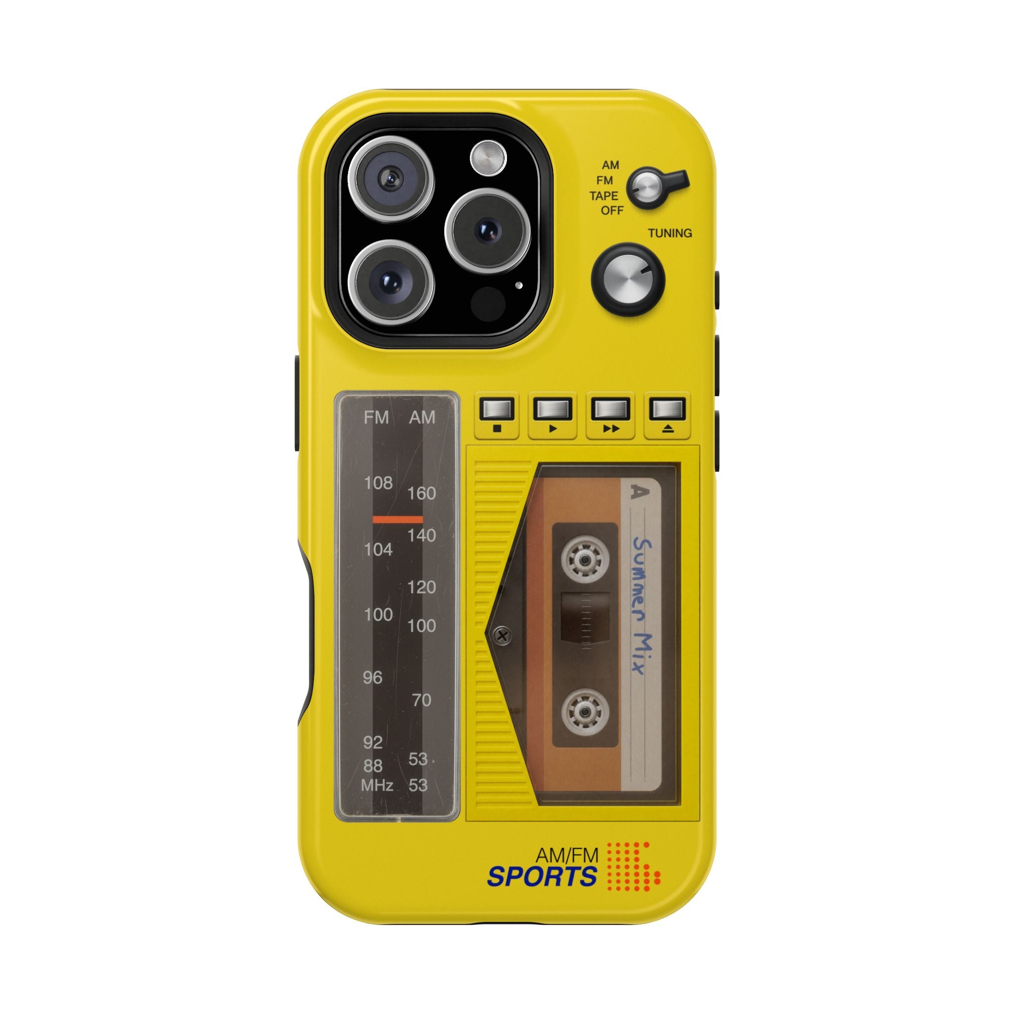 Retro Cassette AM FM Radio iPhone Case, Vintage Walkman Style Phone Case, MagSafe Dual Layer Protective Case Sport Yellow