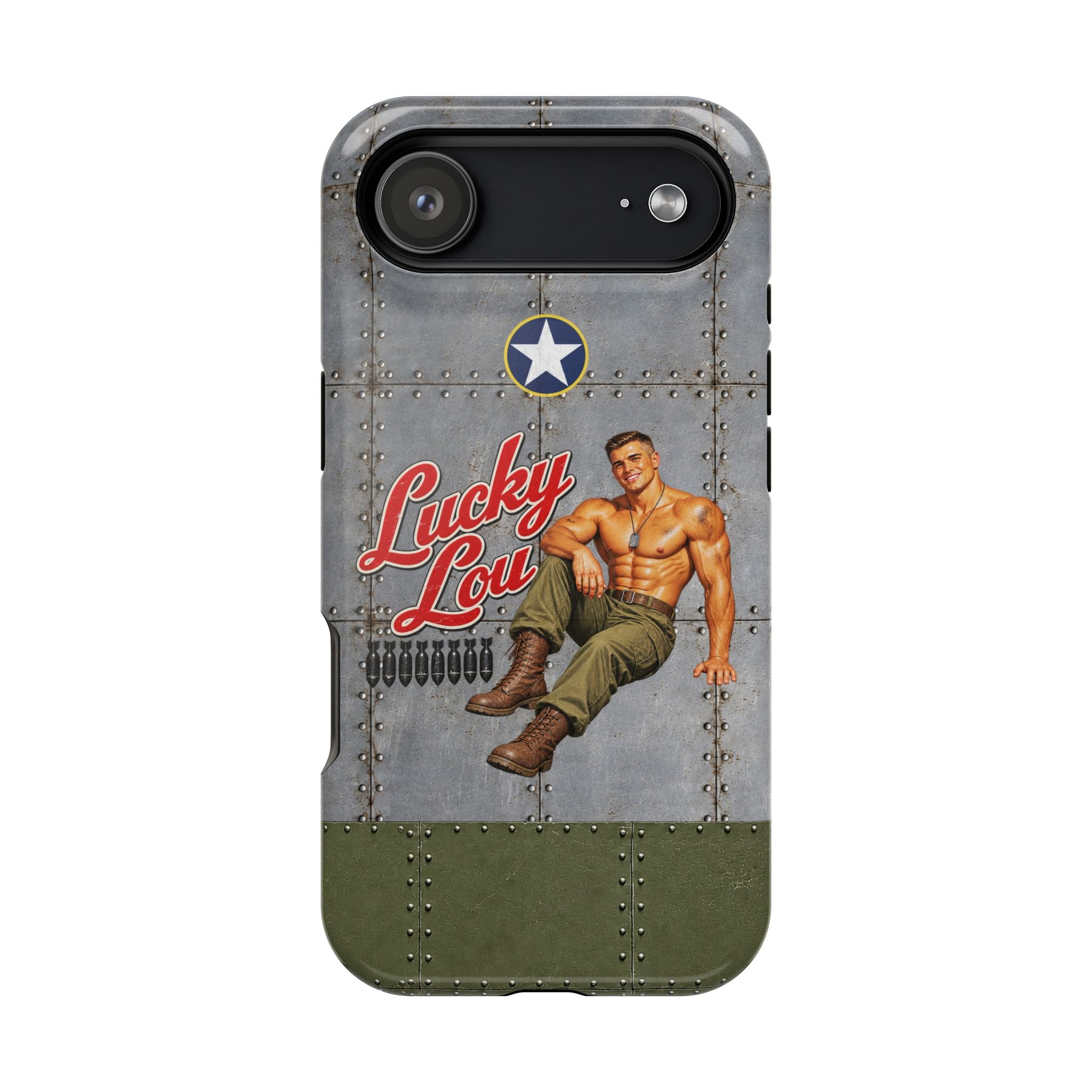 WWII Beefcake Phone Case, Lucky Lou Male Pinup Nose Art, MagSafe Dual Layer Case for iPhone & Samsung Galaxy, Vintage Military Art