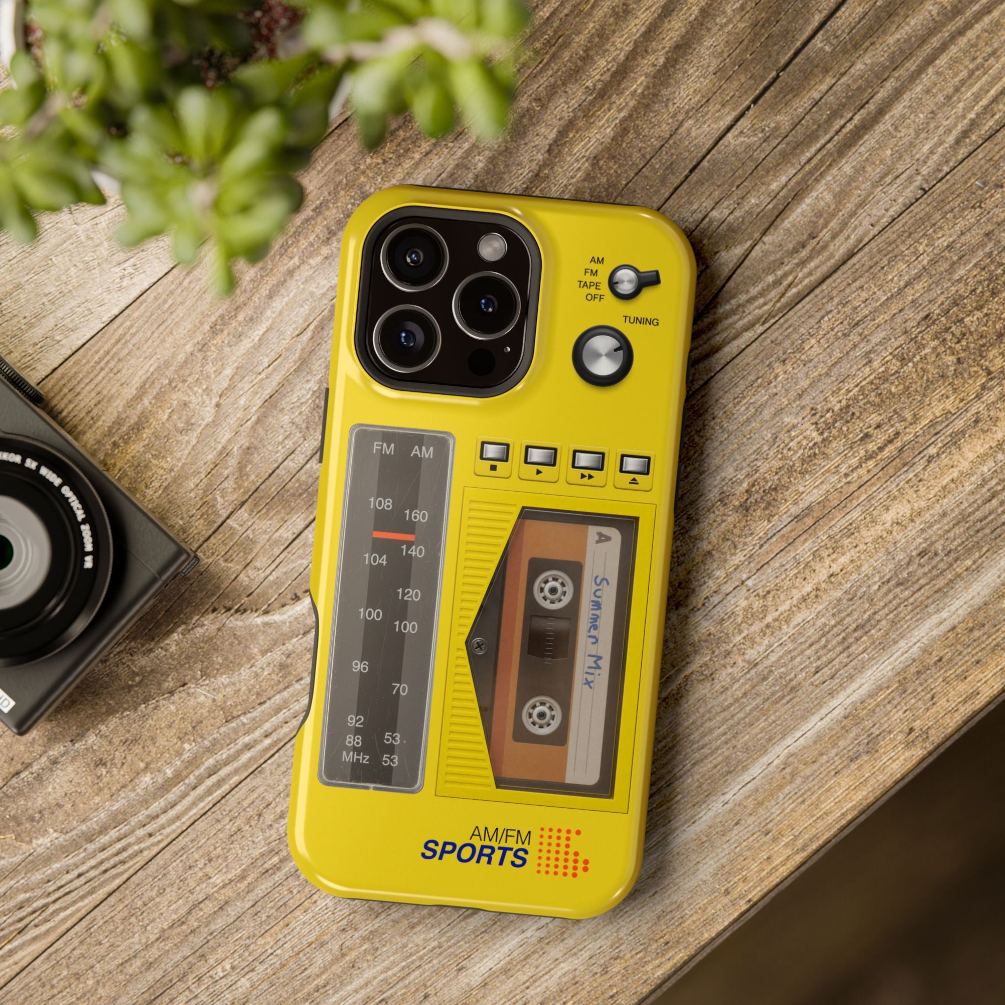 Retro Cassette AM FM Radio iPhone Case, Vintage Walkman Style Phone Case, MagSafe Dual Layer Protective Case Sport Yellow
