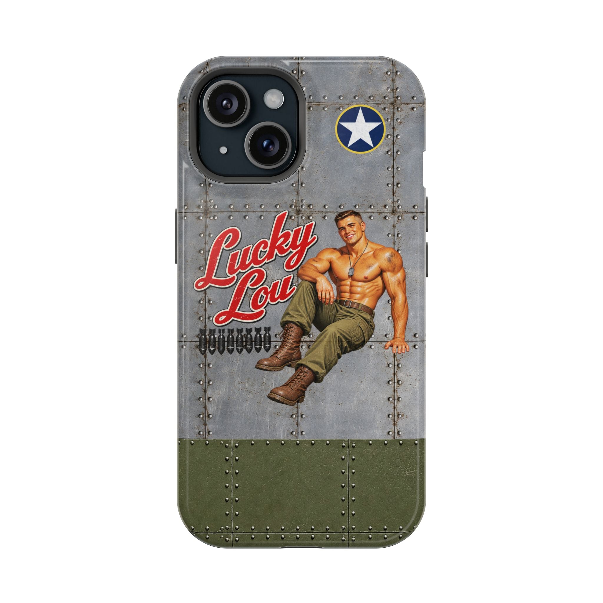 WWII Beefcake Phone Case, Lucky Lou Male Pinup Nose Art, MagSafe Dual Layer Case for iPhone & Samsung Galaxy, Vintage Military Art