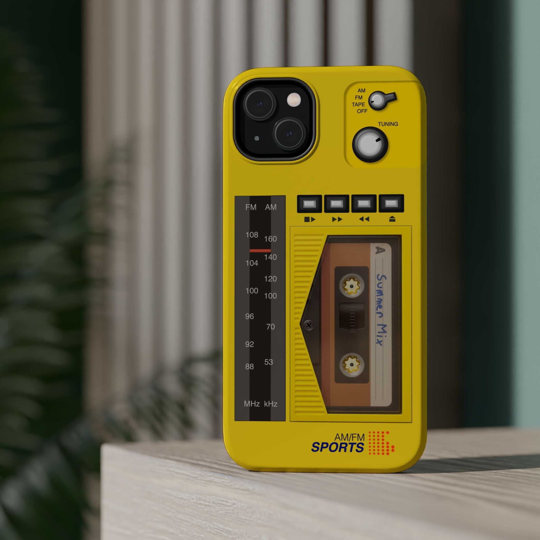 Retro Cassette AM FM Radio iPhone Case, Vintage Walkman Style Phone Case, MagSafe Dual Layer Protective Case Sport Yellow