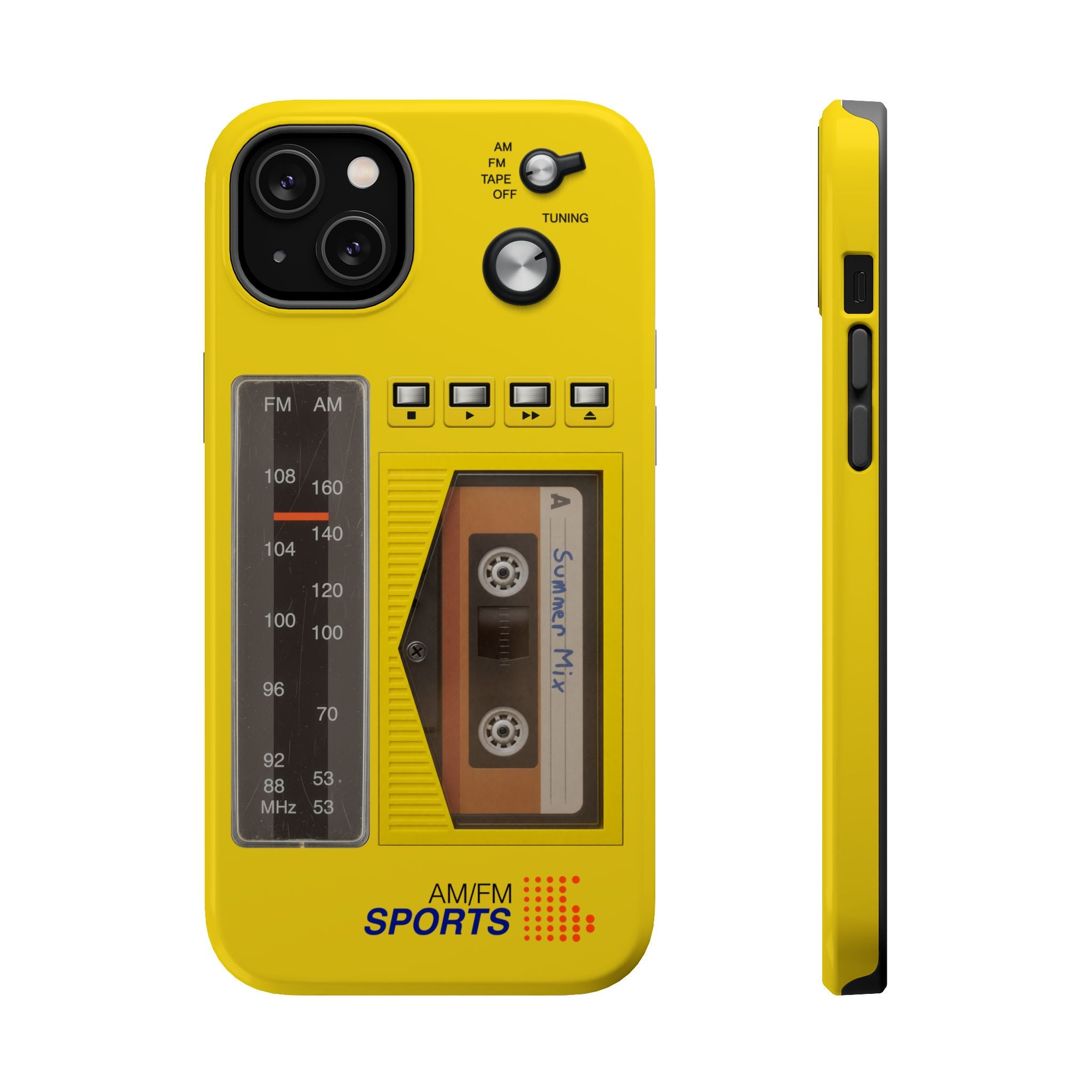 Retro Cassette AM FM Radio iPhone Case, Vintage Walkman Style Phone Case, MagSafe Dual Layer Protective Case Sport Yellow