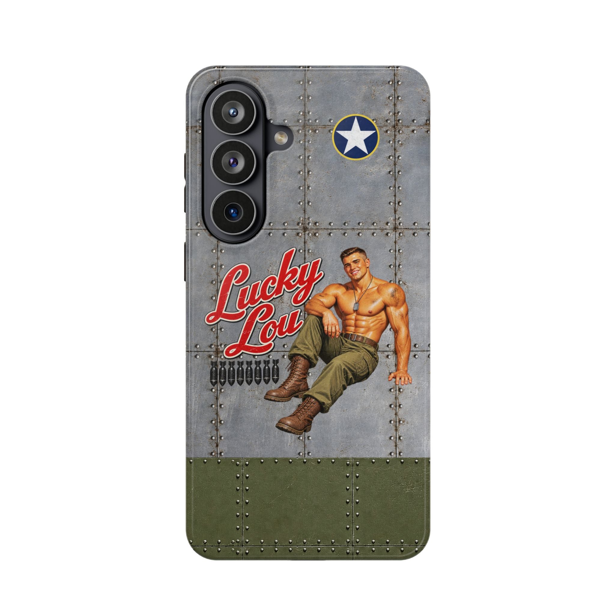 WWII Beefcake Phone Case, Lucky Lou Male Pinup Nose Art, MagSafe Dual Layer Case for iPhone & Samsung Galaxy, Vintage Military Art