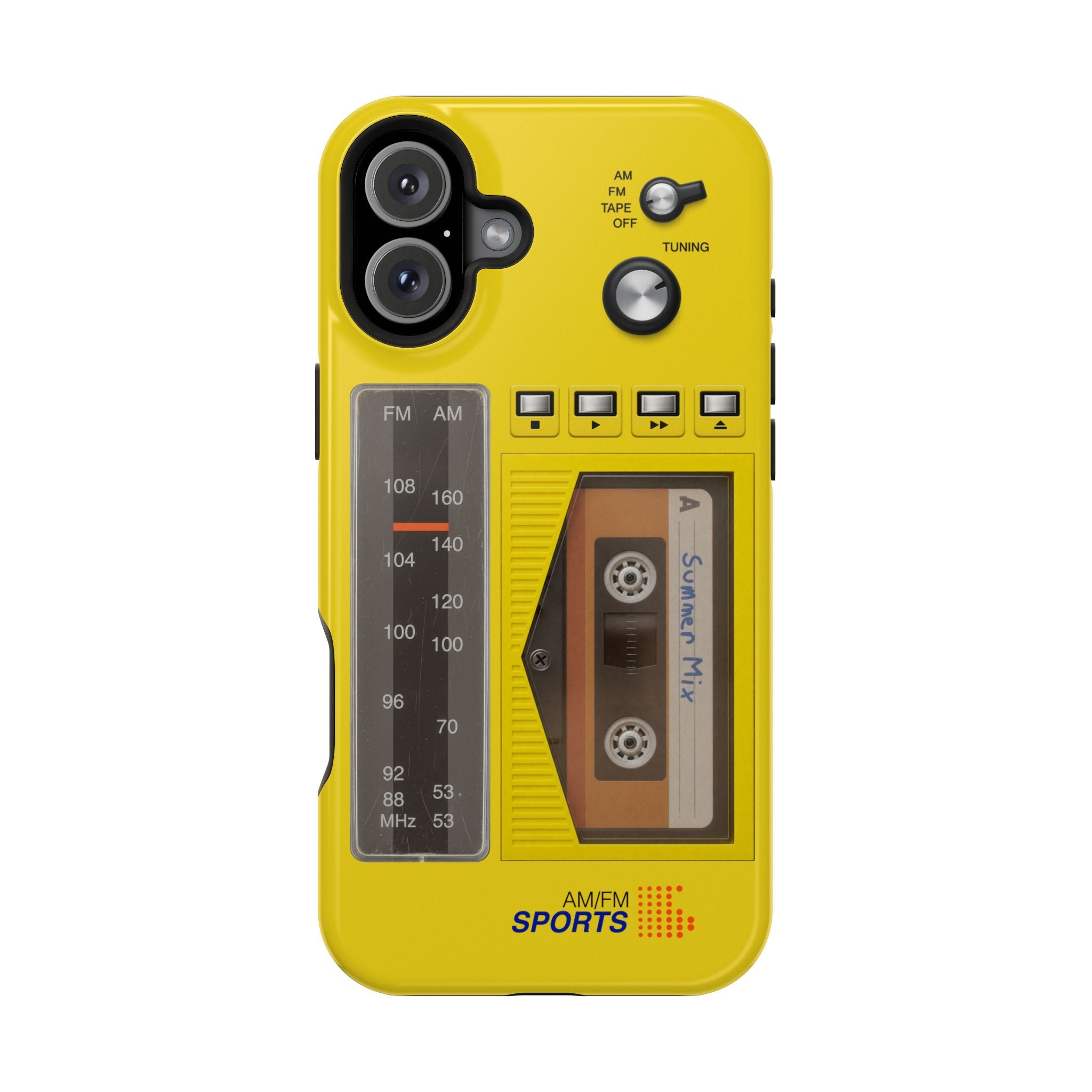 Retro Cassette AM FM Radio iPhone Case, Vintage Walkman Style Phone Case, MagSafe Dual Layer Protective Case Sport Yellow