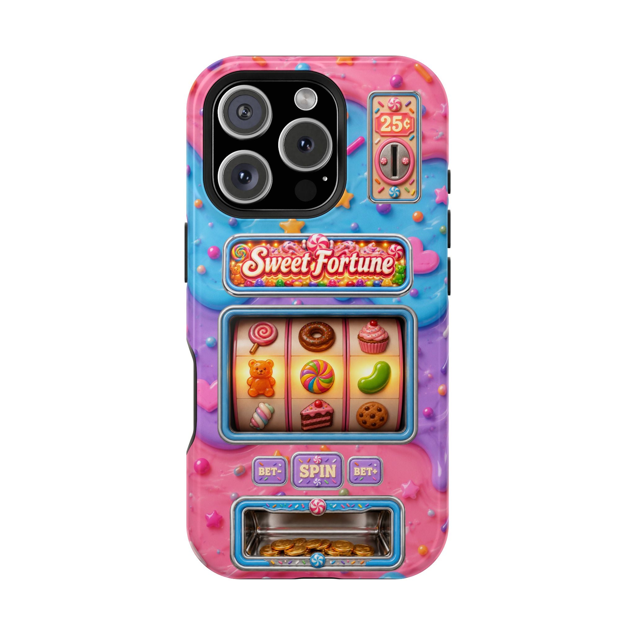 Candy Slot Machine iPhone Case, Sweet Fortune Casino Phone Cover, Colorful Candy Game Inspired MagSafe Compatible with Duel Layer Protection