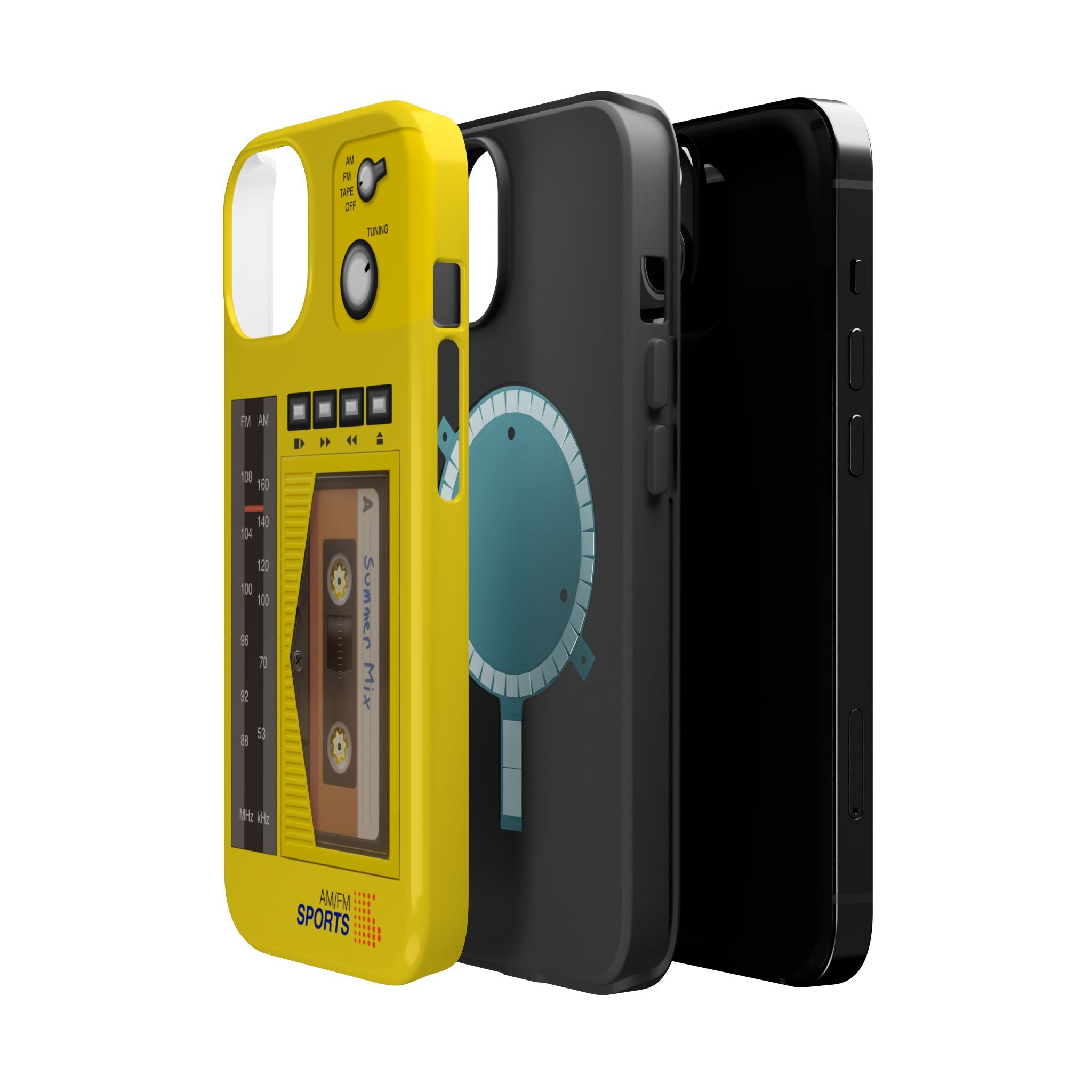 Retro Cassette AM FM Radio iPhone Case, Vintage Walkman Style Phone Case, MagSafe Dual Layer Protective Case Sport Yellow