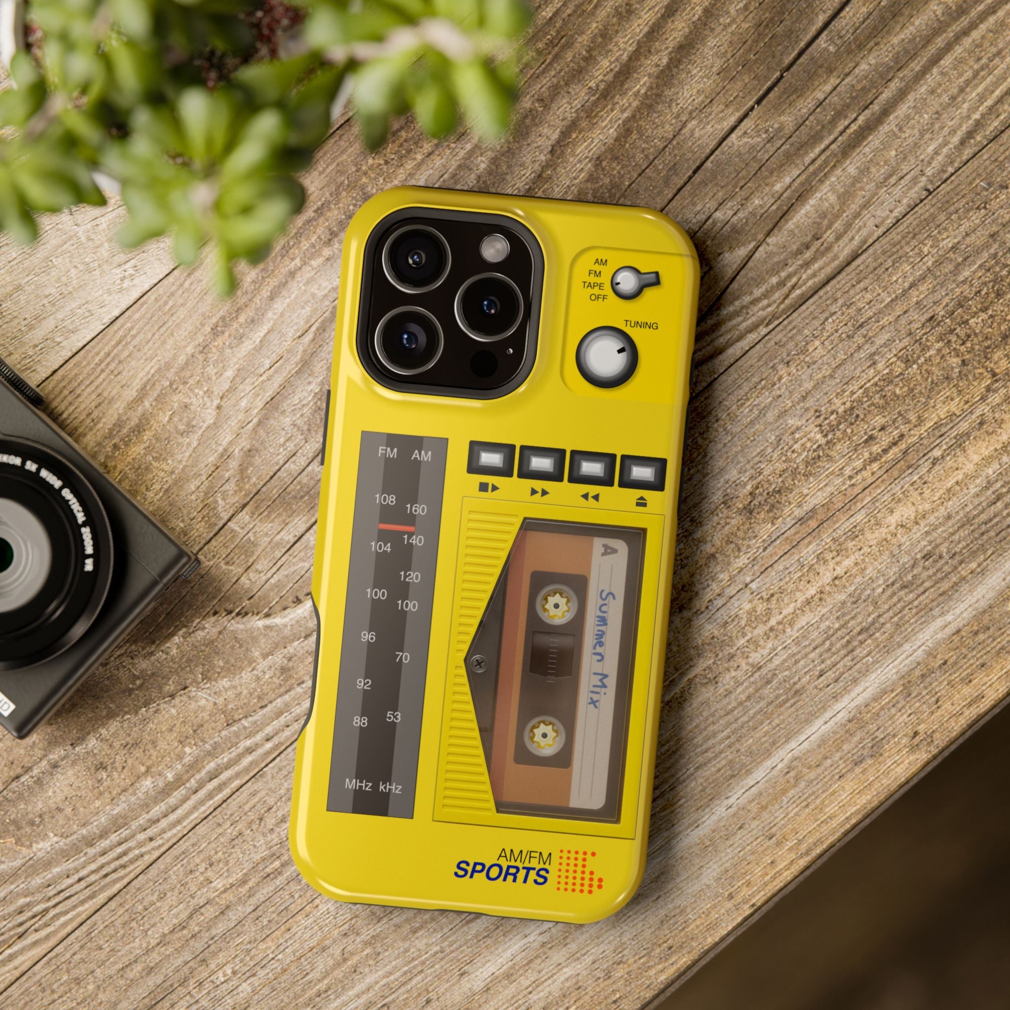 Retro Cassette AM FM Radio iPhone Case, Vintage Walkman Style Phone Case, MagSafe Dual Layer Protective Case Sport Yellow