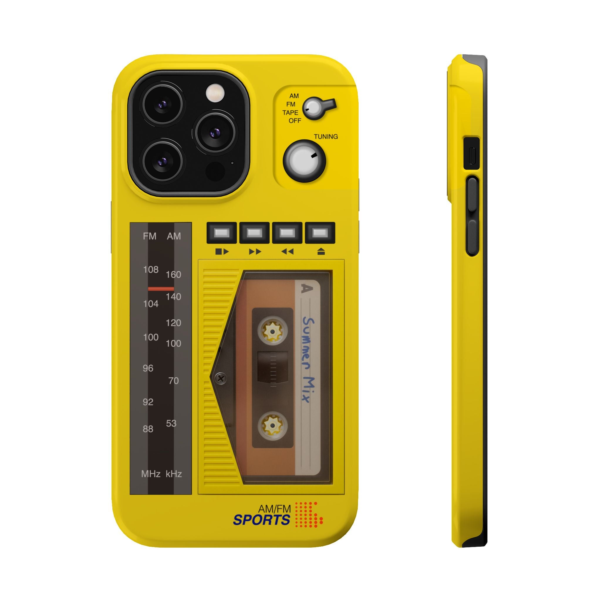 Retro Cassette AM FM Radio iPhone Case, Vintage Walkman Style Phone Case, MagSafe Dual Layer Protective Case Sport Yellow