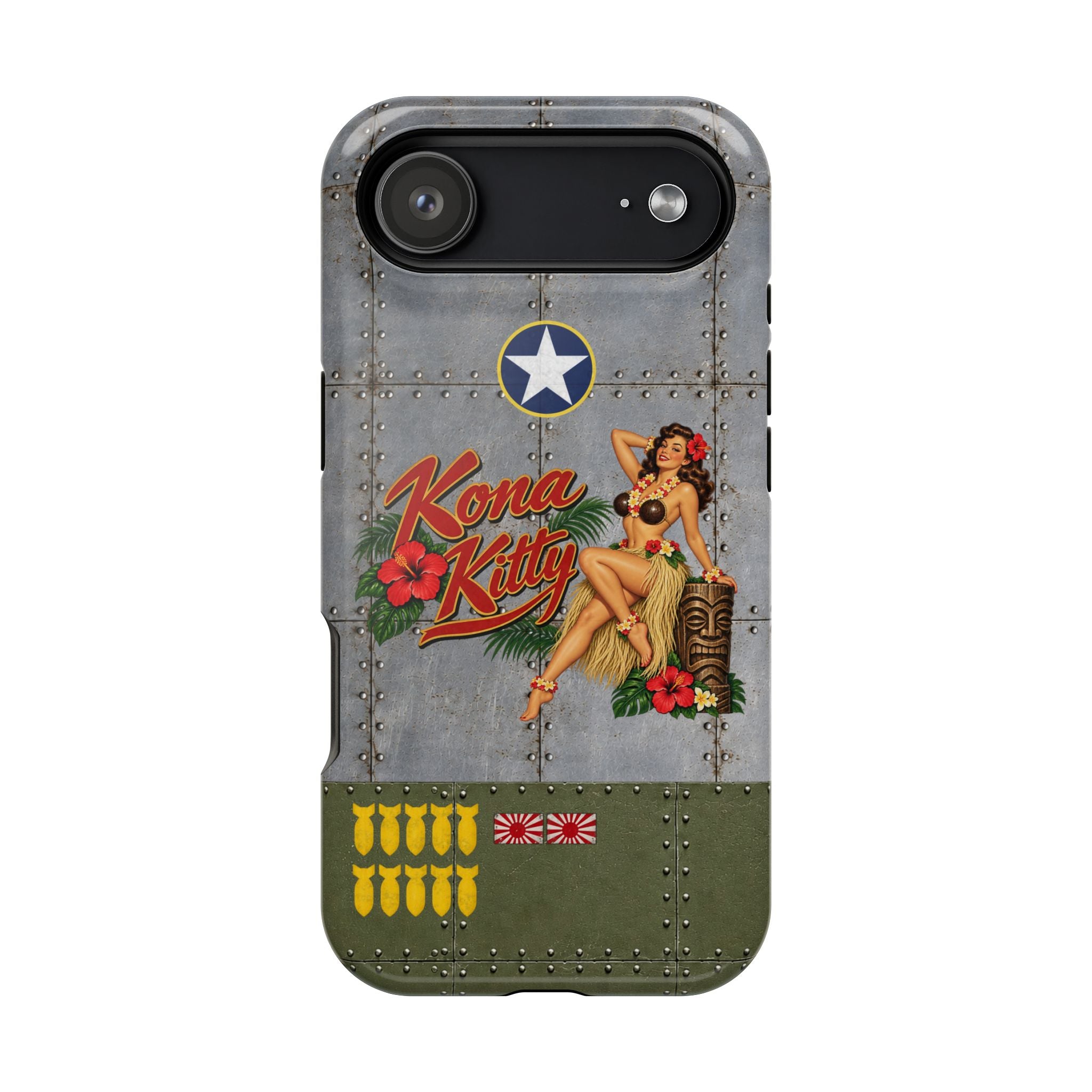 WWII Pinup Nose Art Phone Case, Kona Kitty Airplane Art, MagSafe Dual Layer Case for iPhone & Samsung Galaxy, Vintage Military Art