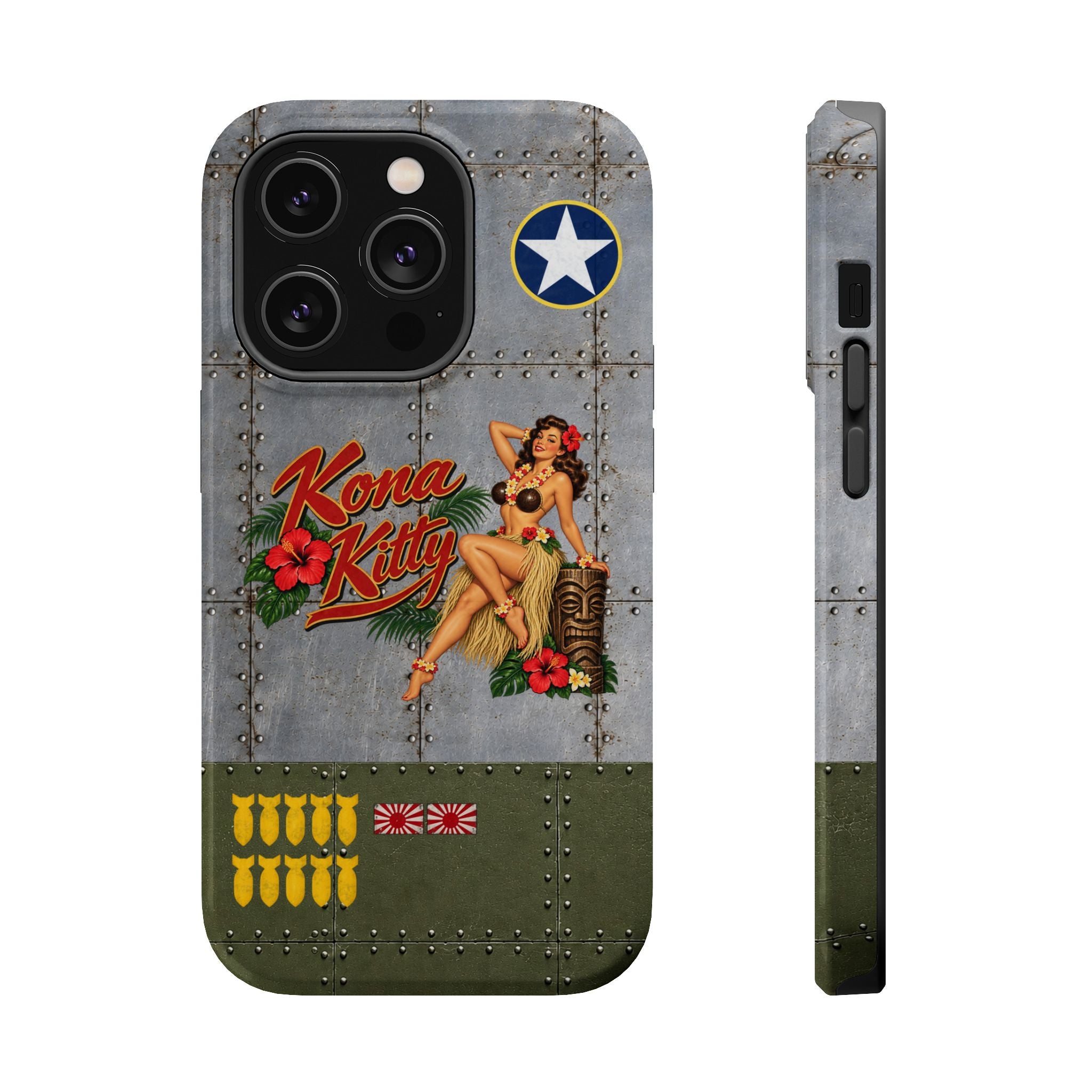WWII Pinup Nose Art Phone Case, Kona Kitty Airplane Art, MagSafe Dual Layer Case for iPhone & Samsung Galaxy, Vintage Military Art