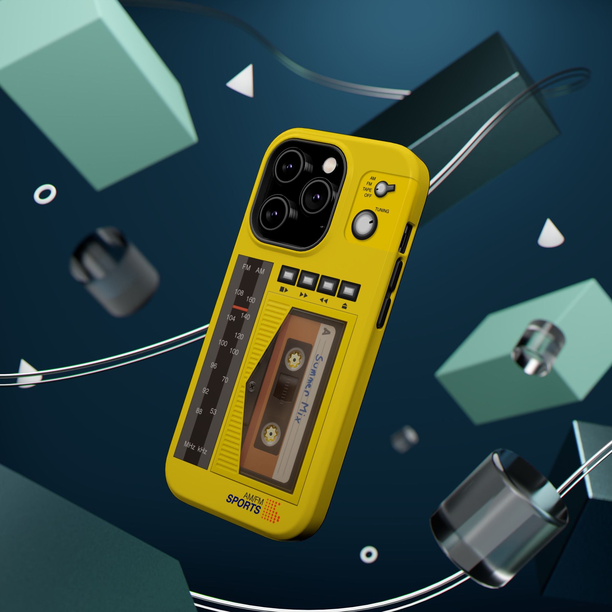 Retro Cassette AM FM Radio iPhone Case, Vintage Walkman Style Phone Case, MagSafe Dual Layer Protective Case Sport Yellow