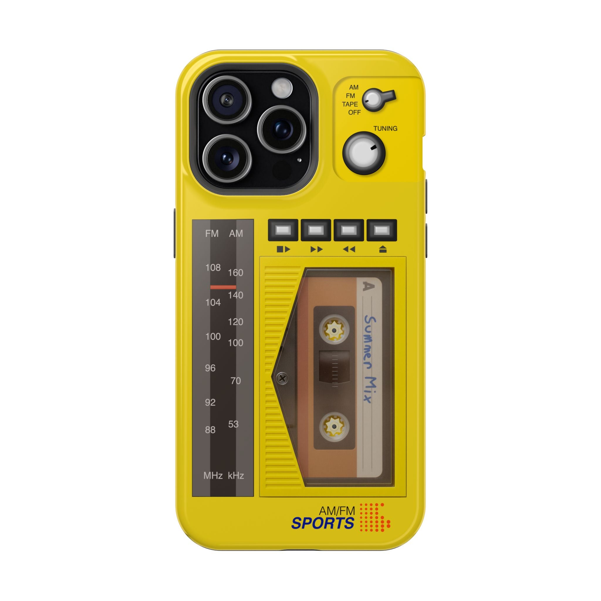 Retro Cassette AM FM Radio iPhone Case, Vintage Walkman Style Phone Case, MagSafe Dual Layer Protective Case Sport Yellow
