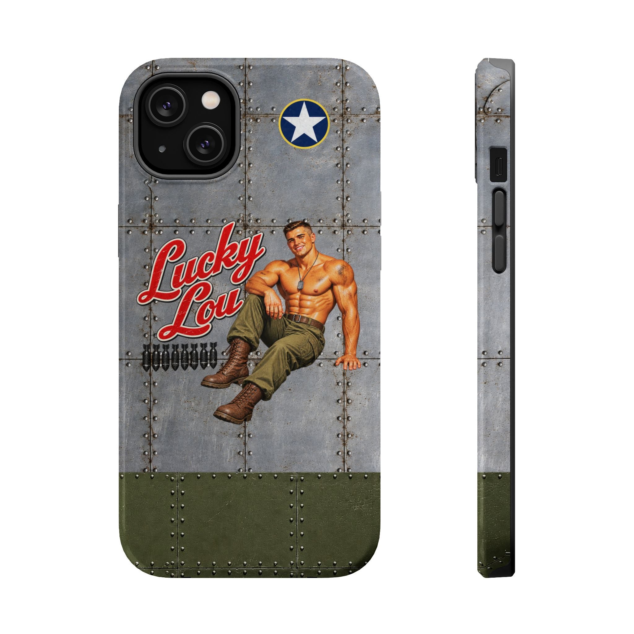 WWII Beefcake Phone Case, Lucky Lou Male Pinup Nose Art, MagSafe Dual Layer Case for iPhone & Samsung Galaxy, Vintage Military Art