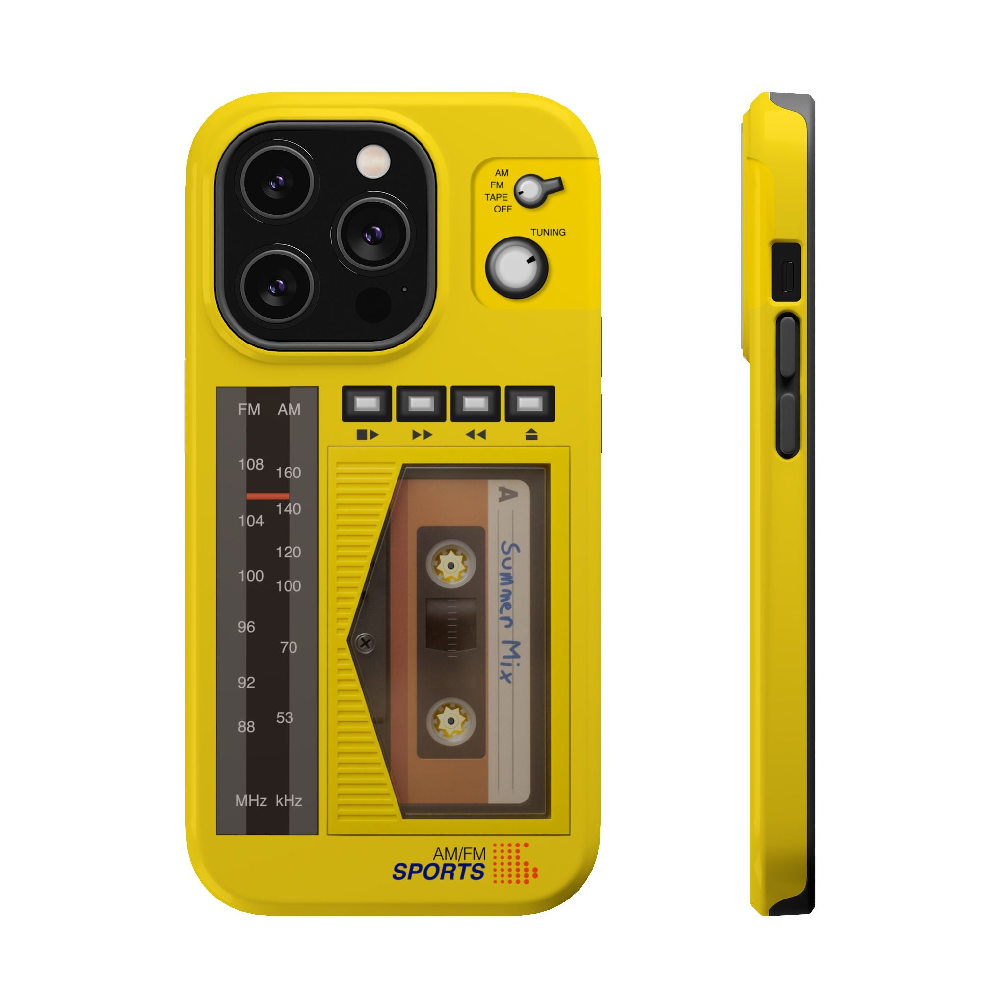 Retro Cassette AM FM Radio iPhone Case, Vintage Walkman Style Phone Case, MagSafe Dual Layer Protective Case Sport Yellow