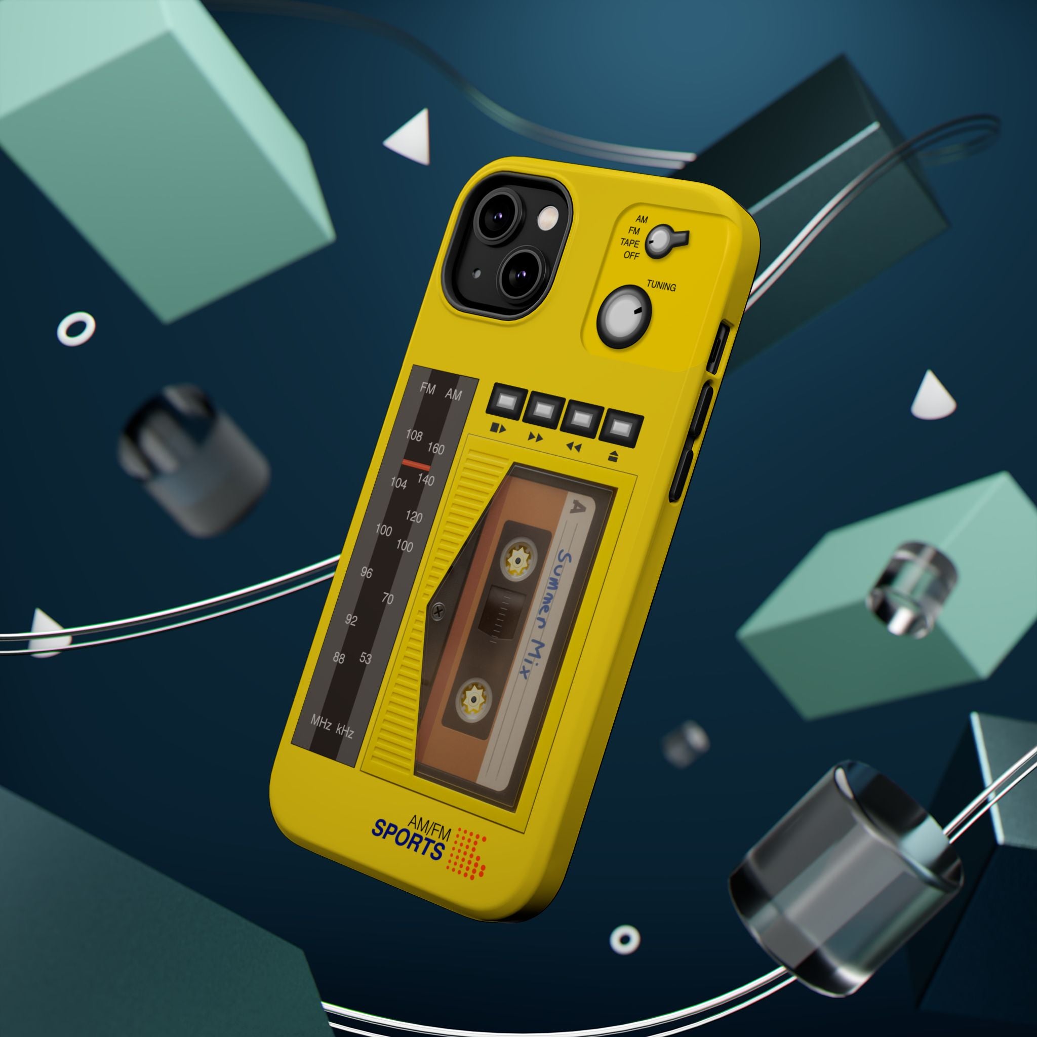 Retro Cassette AM FM Radio iPhone Case, Vintage Walkman Style Phone Case, MagSafe Dual Layer Protective Case Sport Yellow