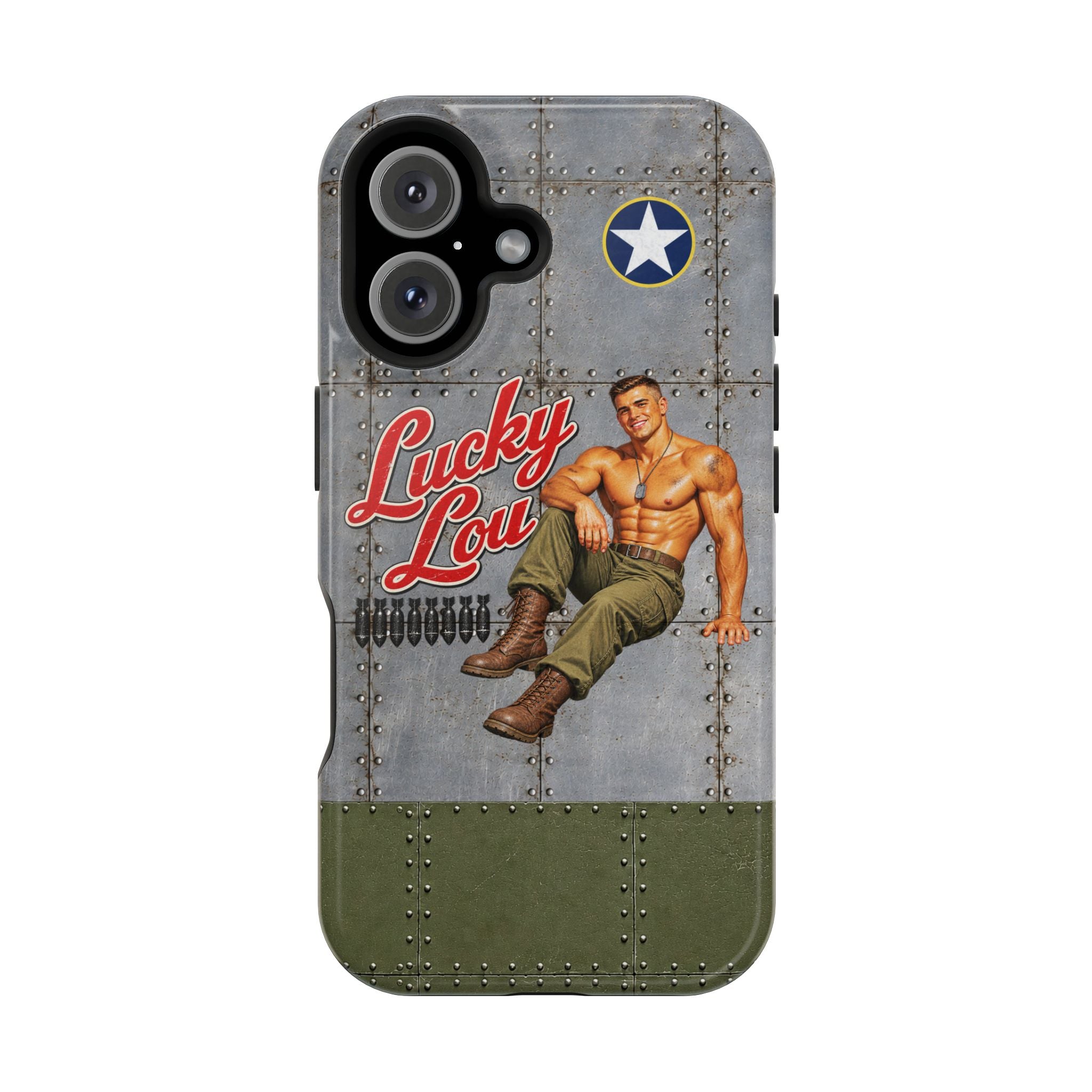 WWII Beefcake Phone Case, Lucky Lou Male Pinup Nose Art, MagSafe Dual Layer Case for iPhone & Samsung Galaxy, Vintage Military Art